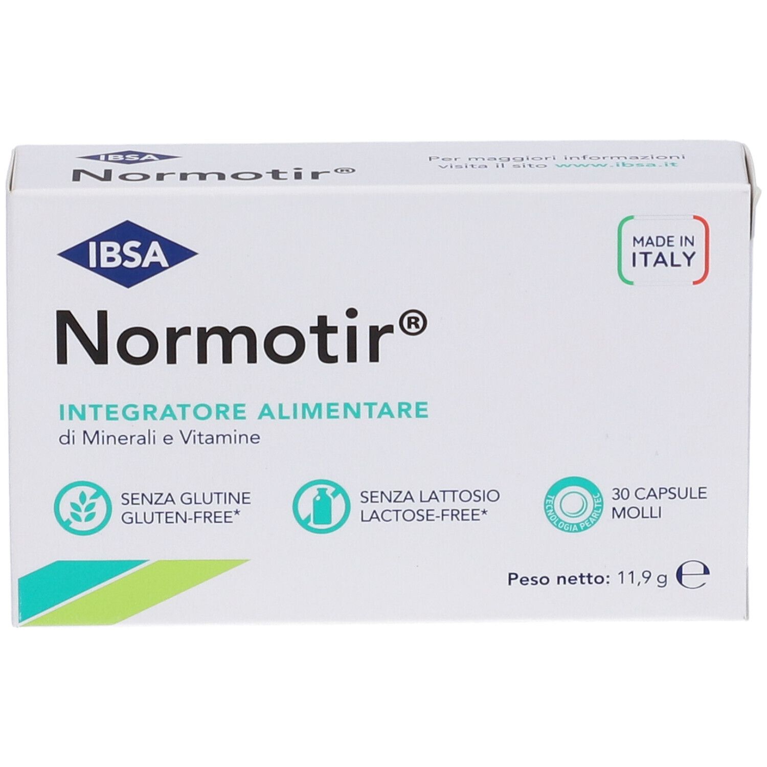 Scatola bianca "Normotir" con logo, 30 capsule. Senza glutine e lattosio. Prodotto in Italia.