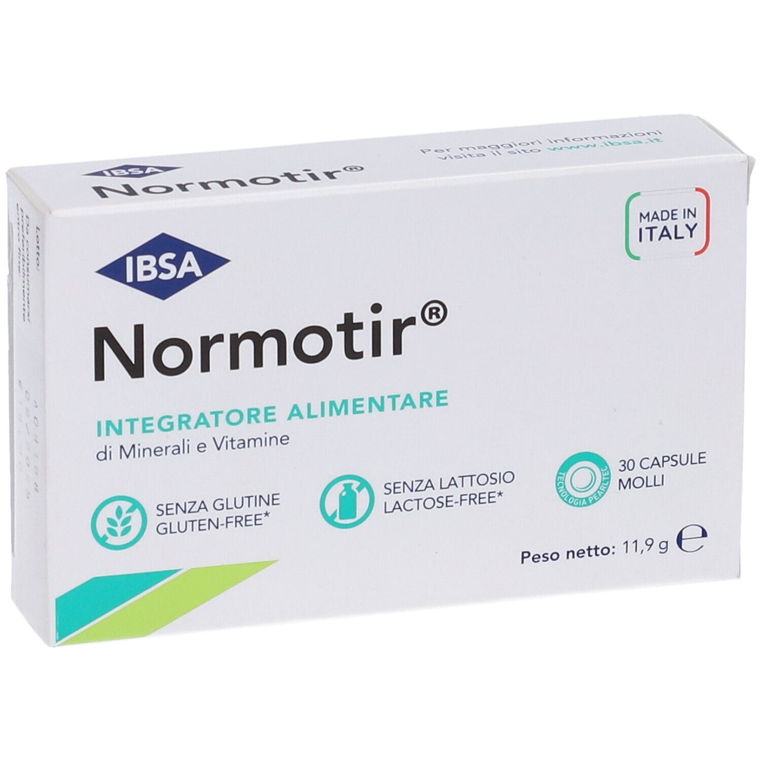 Scatola bianca "Normotir" con logo, 30 capsule. Senza glutine e lattosio. Prodotto in Italia.