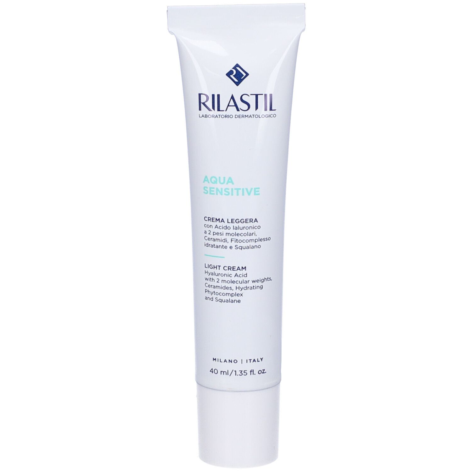 Tubo bianco Rilastil Aqua Sensitive Crema Leggera. Scritta azzurra. 40 ml.