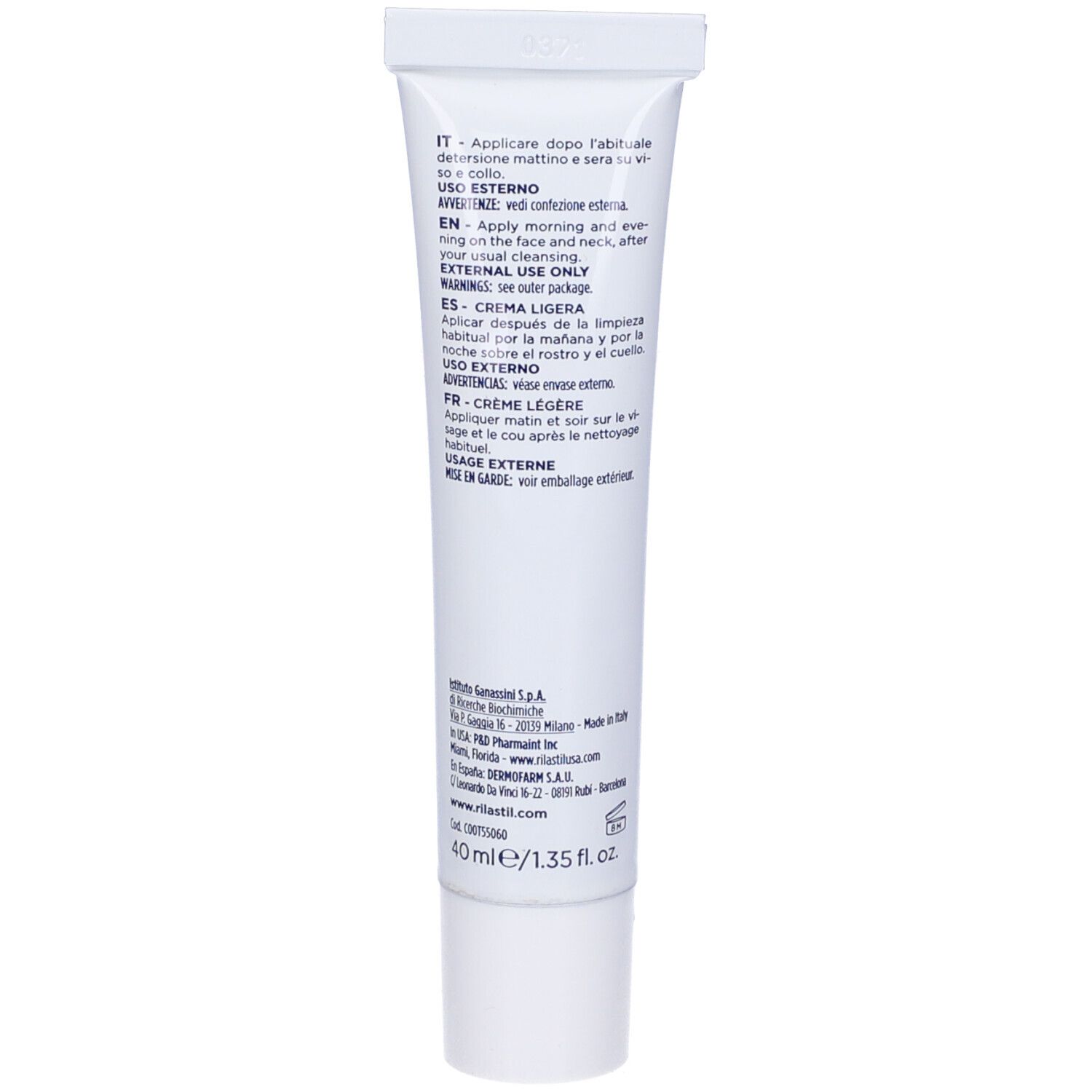 Retro del tubo bianco. Testo multilingue. 40 ml.