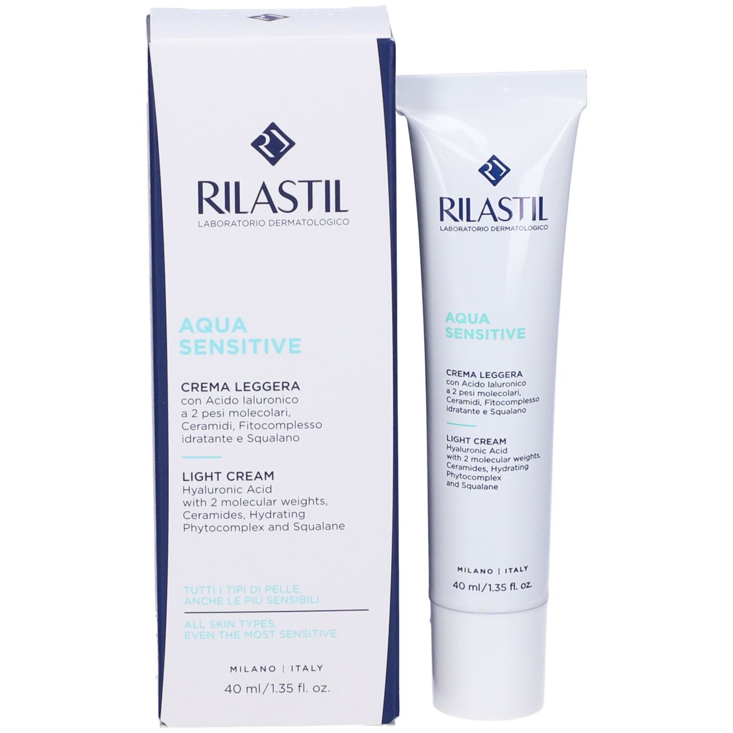 Rilastil Aqua Sensitive Crema Leggera e confezione. Tubo e scatola. 40 ml.