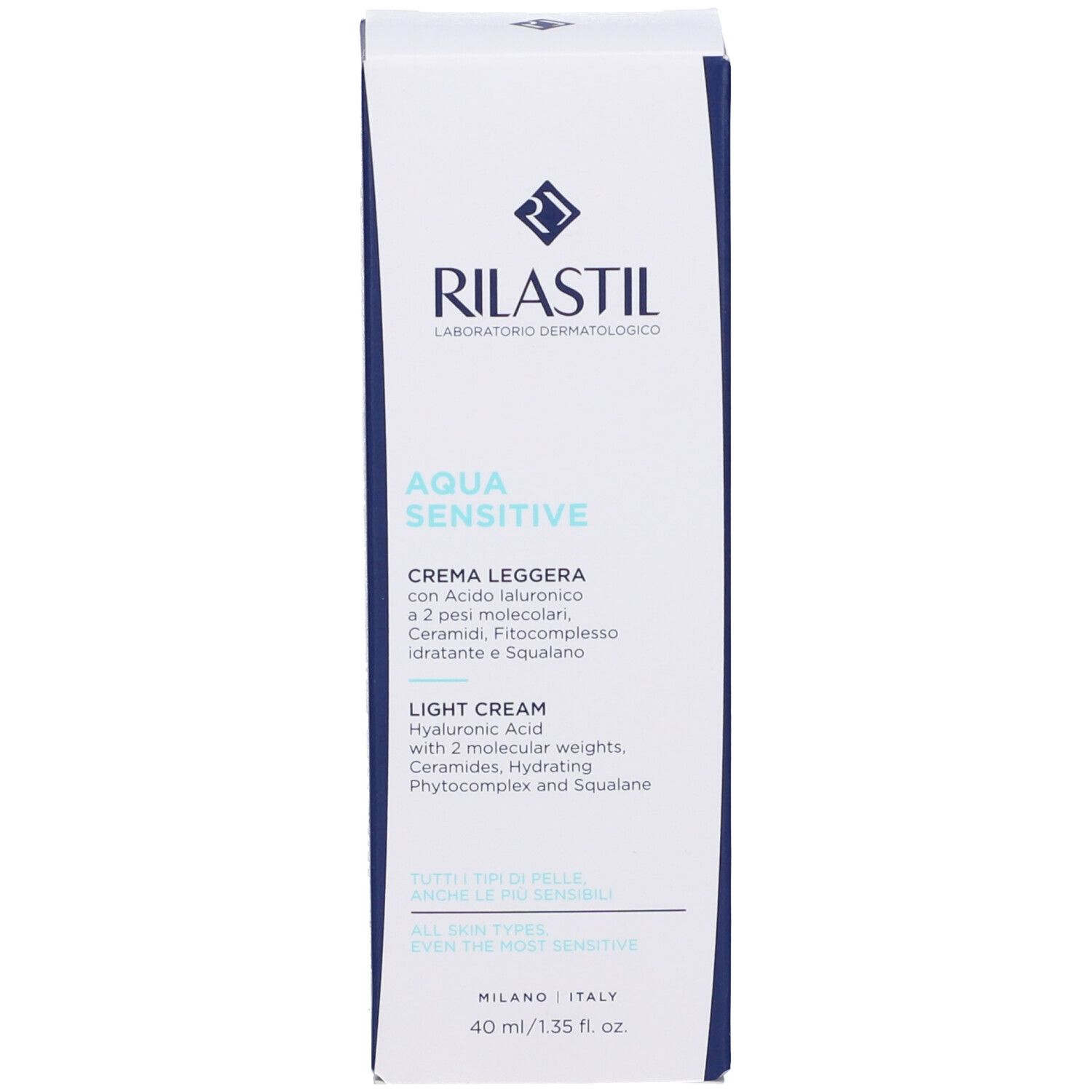 Scatola Rilastil Aqua Sensitive Crema Leggera. Scritta azzurra. 40 ml.