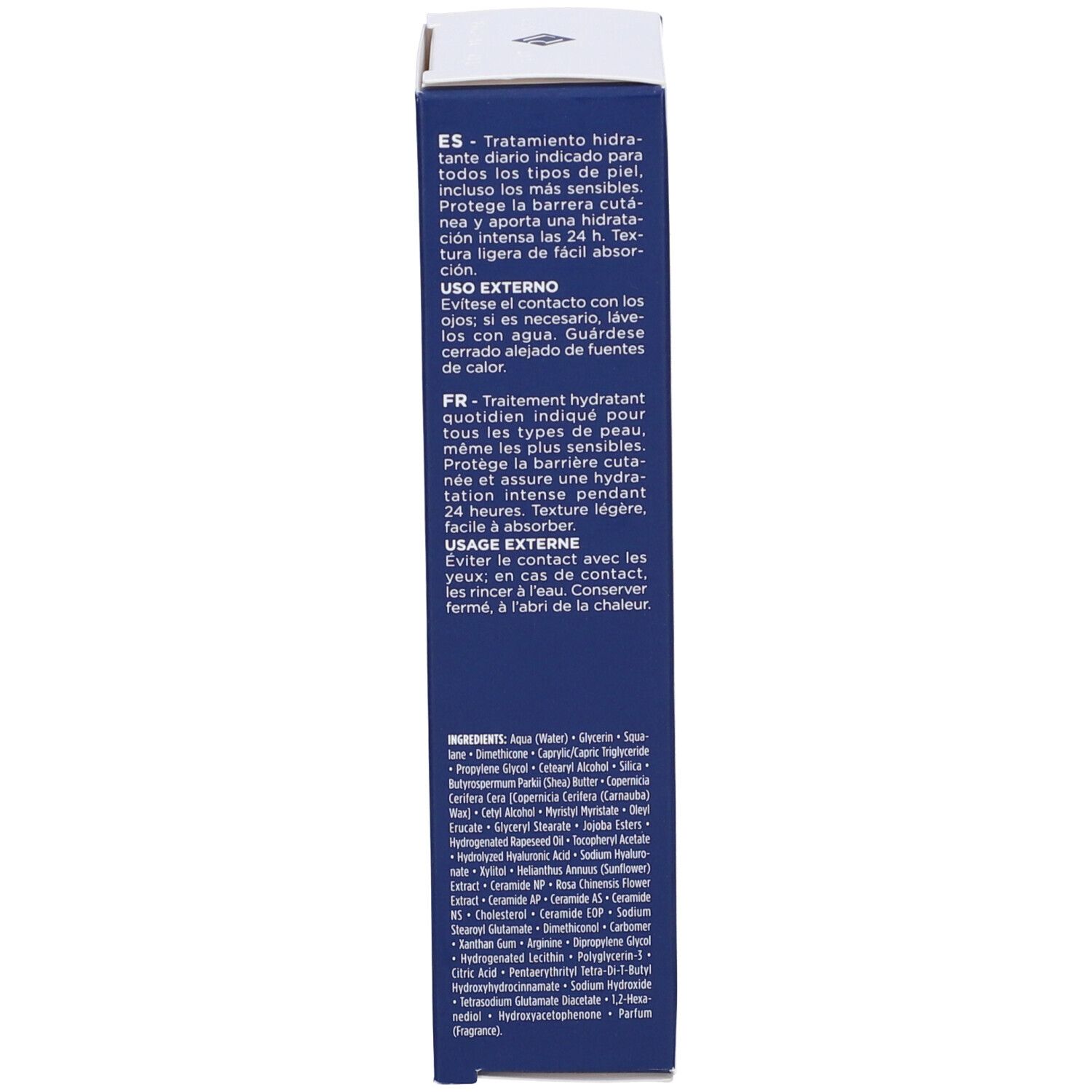 Retro della scatola. Testo multilingue. Ingredienti. 40 ml.