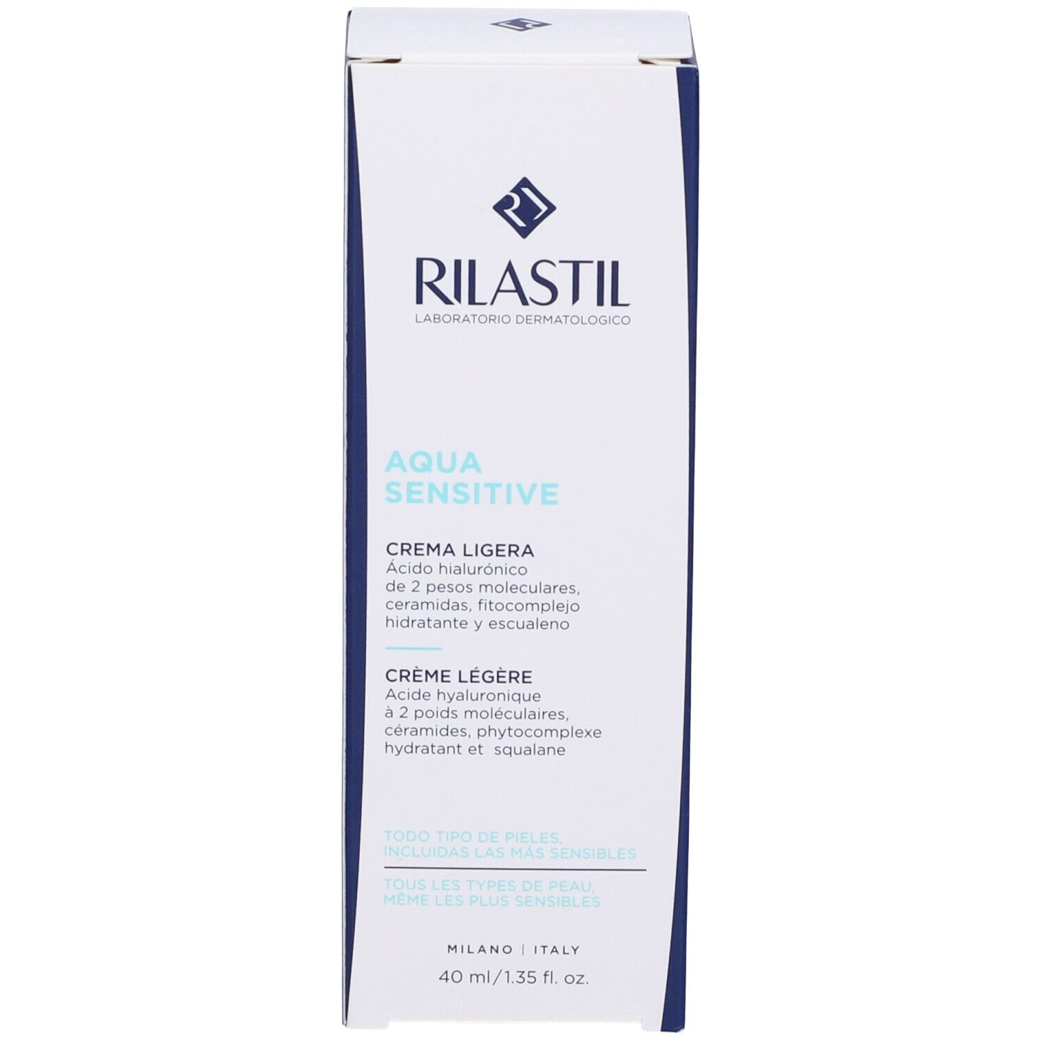 Fronte della scatola. Rilastil Aqua Sensitive Crema Leggera. 40 ml.