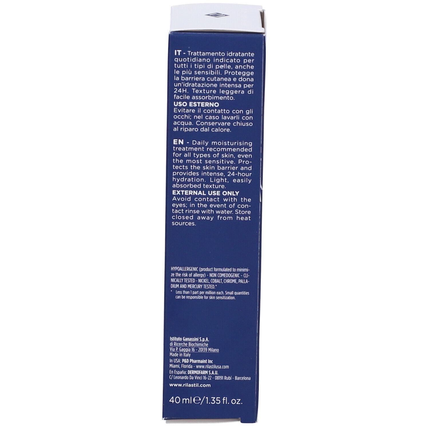 Lato della scatola. Testo multilingue. 40 ml.