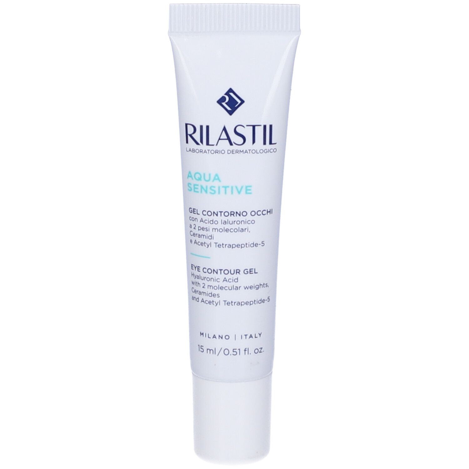 Tubo di gel contorno occhi Rilastil Aqua Sensitive. Bianco, testo blu. 15 ml.