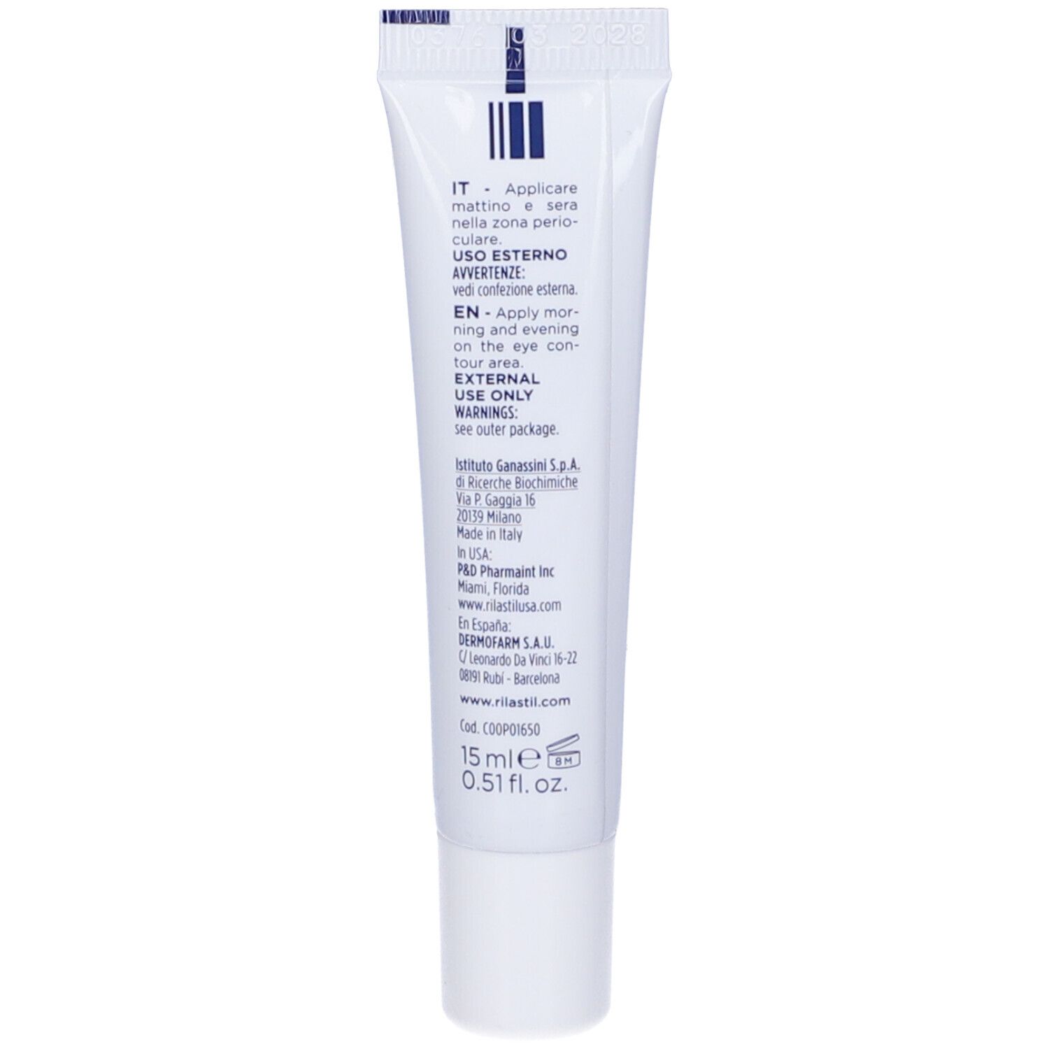 Retro del tubo Rilastil Aqua Sensitive. Testo in italiano e inglese. 15 ml.