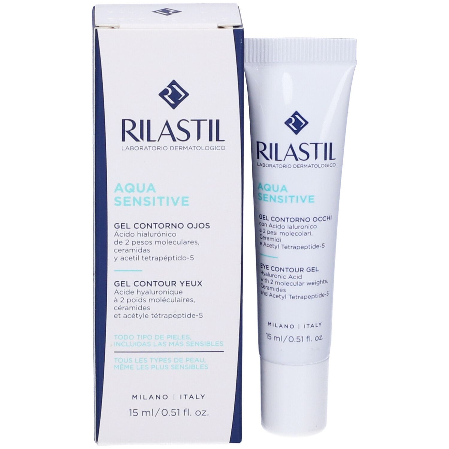 Tubo e confezione Rilastil Aqua Sensitive Gel Contorno Occhi. Bianco e blu. 15 ml.