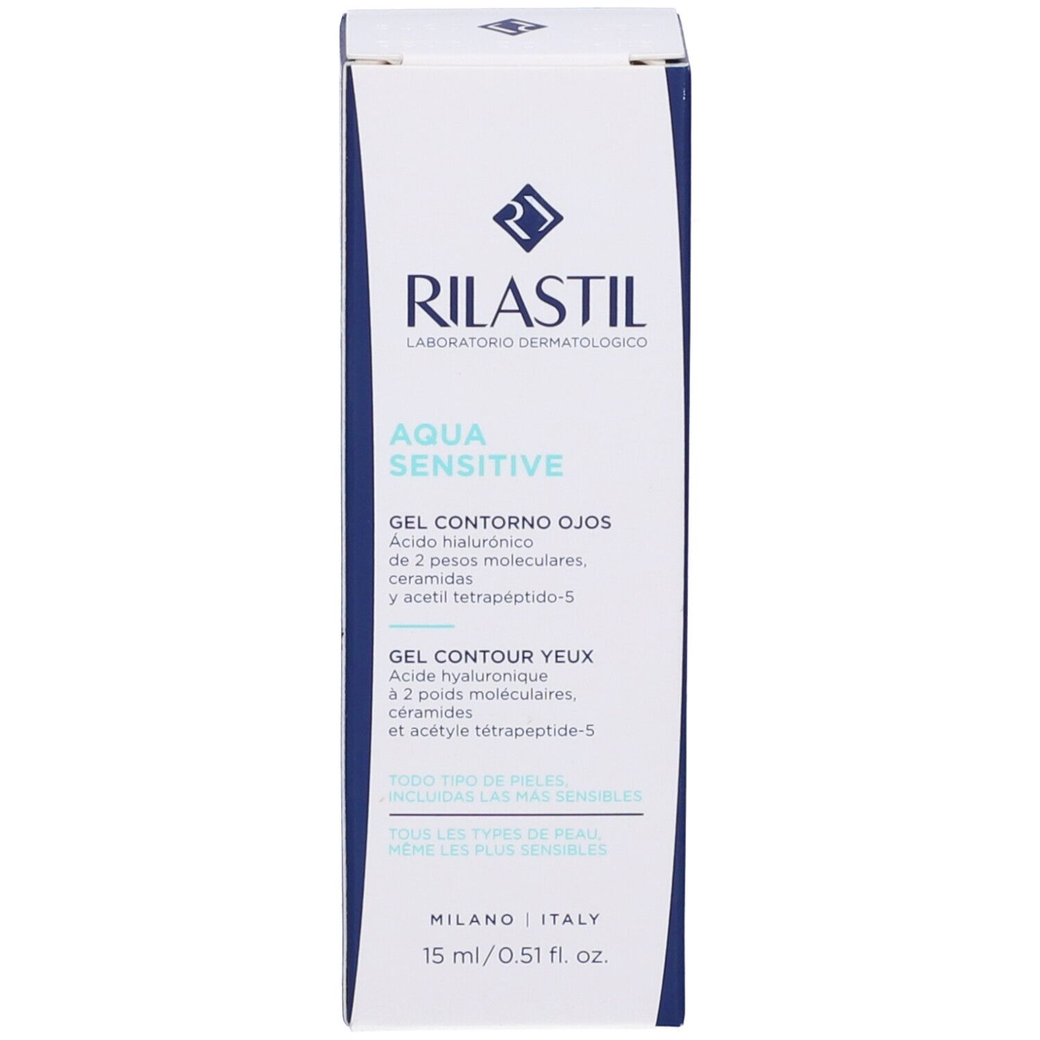 Confezione di Rilastil Aqua Sensitive Gel Contorno Occhi. Bianco e blu. Testo.