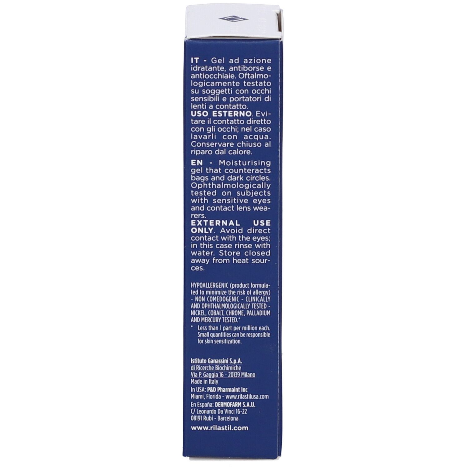 Retro della confezione Rilastil Aqua Sensitive. Testo in varie lingue. 15 ml.