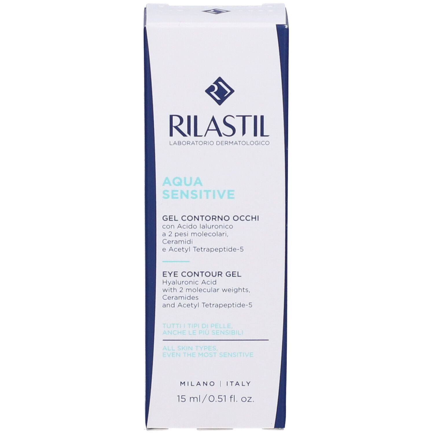 Confezione Rilastil Aqua Sensitive Gel Contorno Occhi. Bianco e blu. Testo.