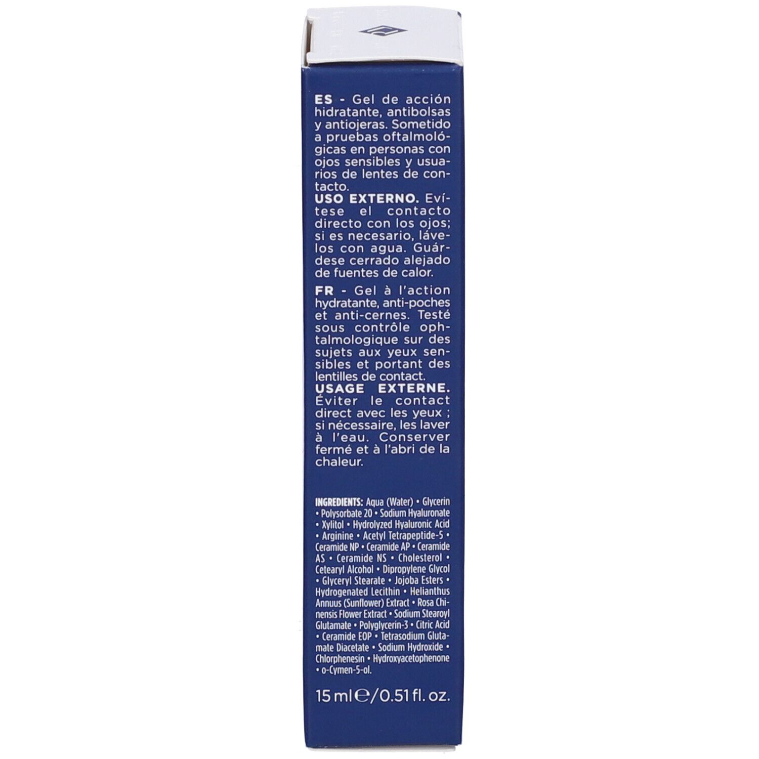 Lato della confezione Rilastil Aqua Sensitive. Ingredienti e testo. 15 ml.