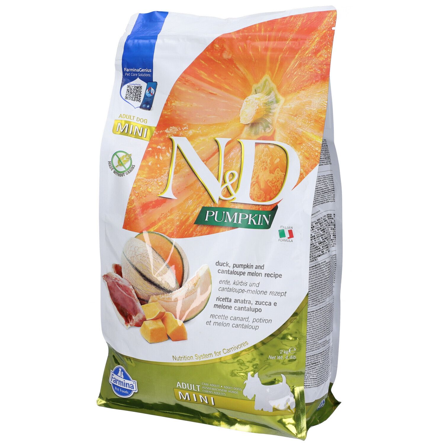 Confezione N&D Pumpkin Adult Mini. Scritto: anatra, zucca e melone cantalupo. Immagine degli ingredienti.