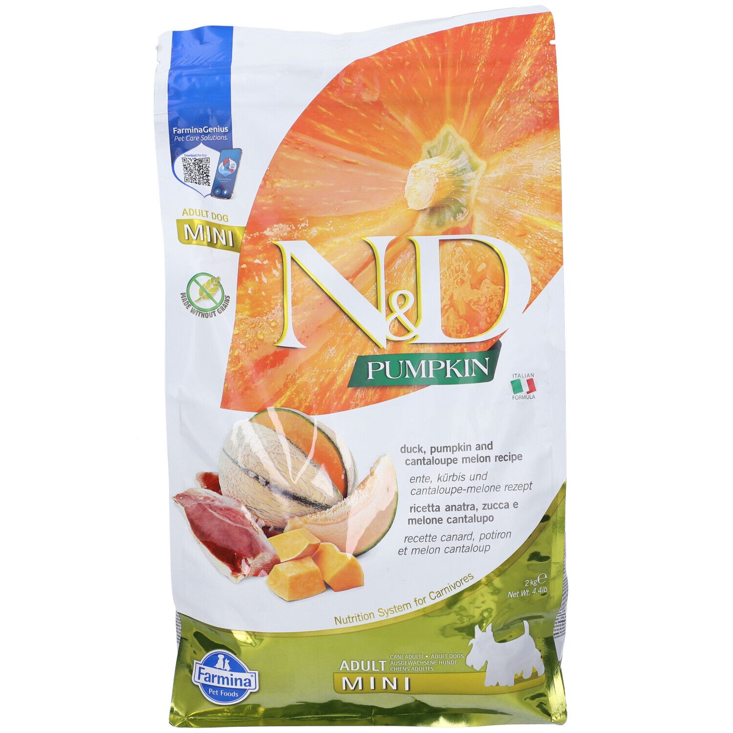 Confezione N&D Pumpkin Adult Mini. Scritto: anatra, zucca e melone cantalupo. Immagine degli ingredienti. Verde-bianco-arancione.
