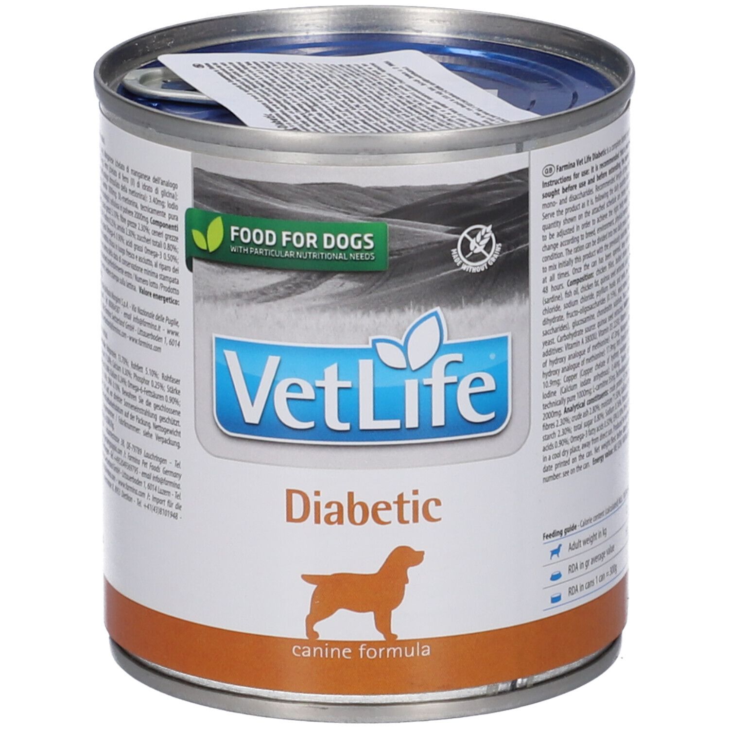 Hundefutterdose mit Etikett. Aufschrift VetLife Diabetic. Logo: Hund. Grün-weißes Etikett: Food for Dogs. Dose mit Aufreißlasche.