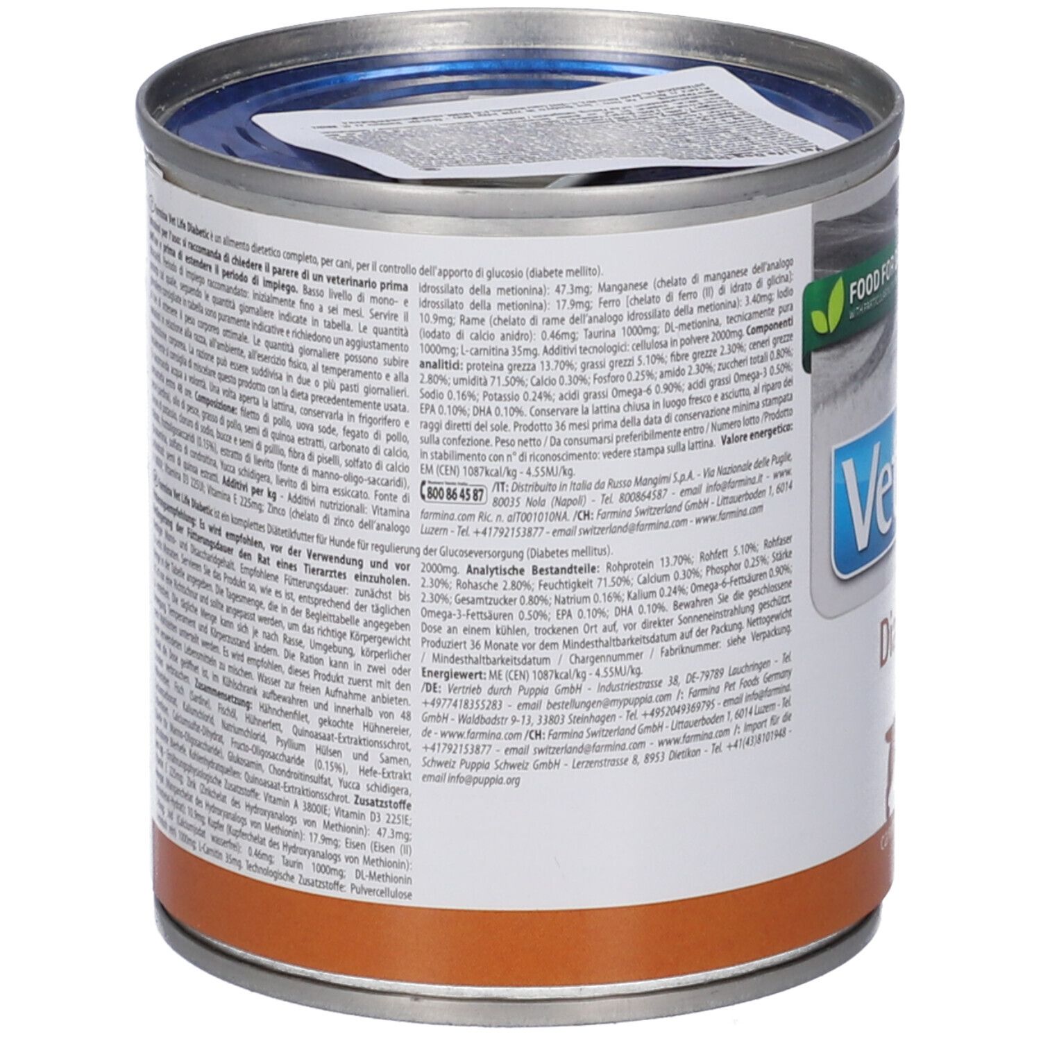 Hundefutterdose, Seitenansicht. Etikett mit Text in mehreren Sprachen. Aufschrift VetLife Diabetic. Dose mit Aufreißlasche.