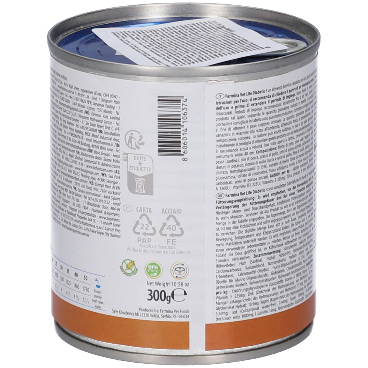 Hundefutterdose, Seitenansicht. Etikett mit Text und Barcode. Aufschrift 300g. Dose mit Aufreißlasche.