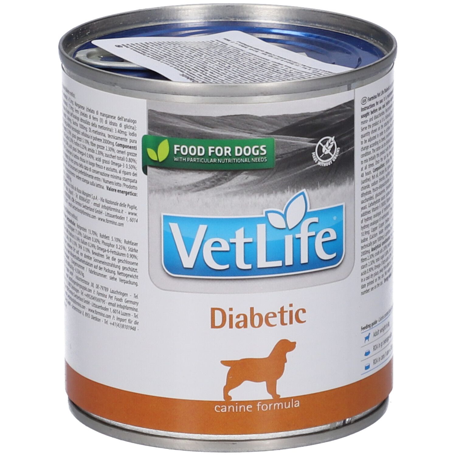 Hundefutterdose mit Etikett. Aufschrift VetLife Diabetic. Logo: Hund. Grün-weißes Etikett: Food for Dogs. Dose mit Aufreißlasche.