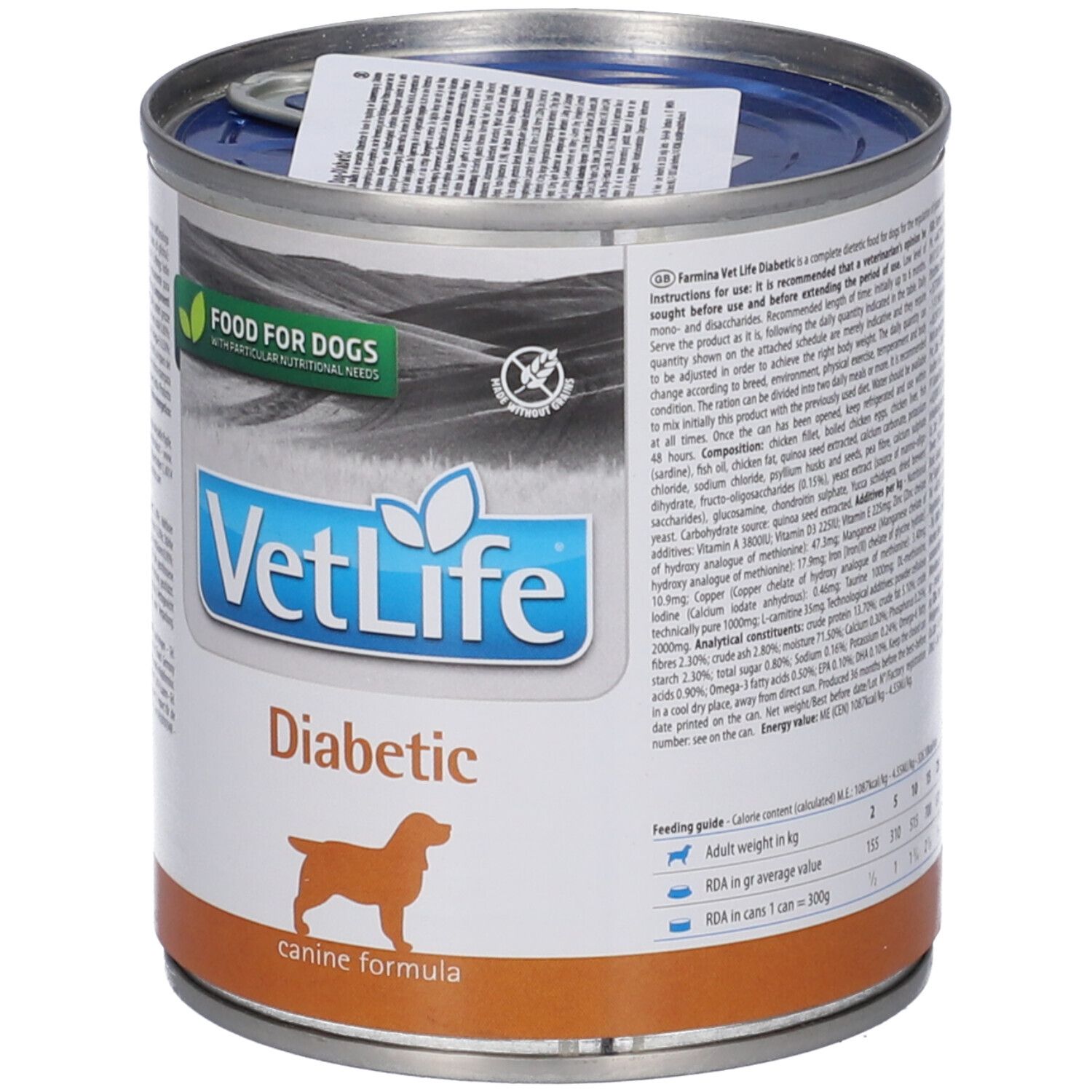 Hundefutterdose mit Etikett. Aufschrift VetLife Diabetic. Logo: Hund. Grün-weißes Etikett: Food for Dogs. Dose mit Aufreißlasche.