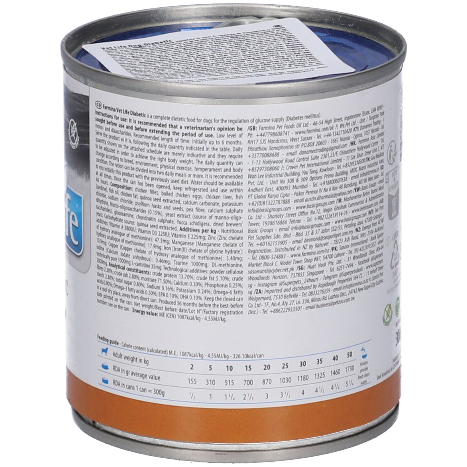 Hundefutterdose, Seitenansicht. Etikett mit Text und Tabellen. Aufschrift 300g. Dose mit Aufreißlasche.