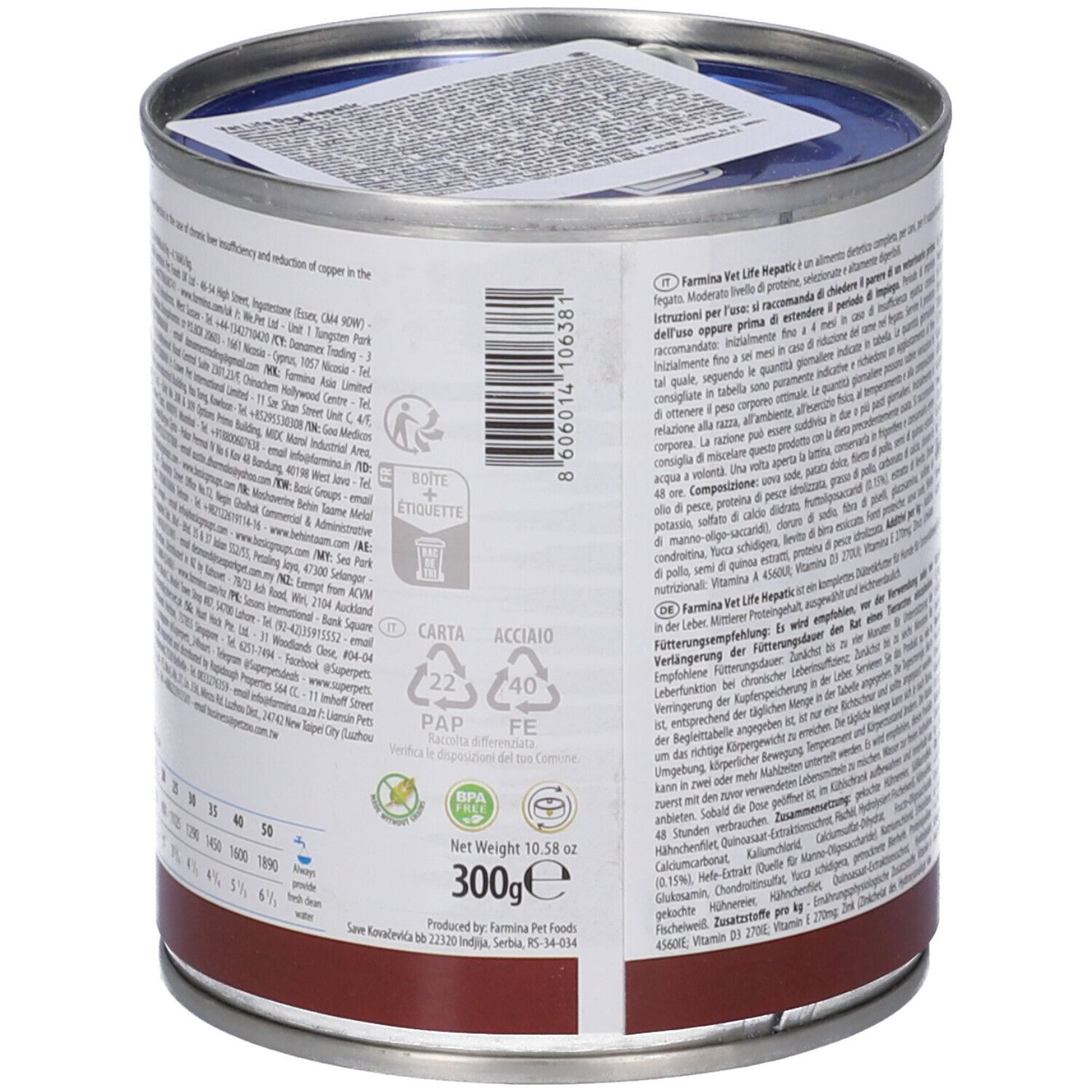 Hundefutterdose VetLife Hepatic. Dose mit Deckel, Etikett mit Text und Barcode. Aufschrift: 300g. Recycling-Symbole.