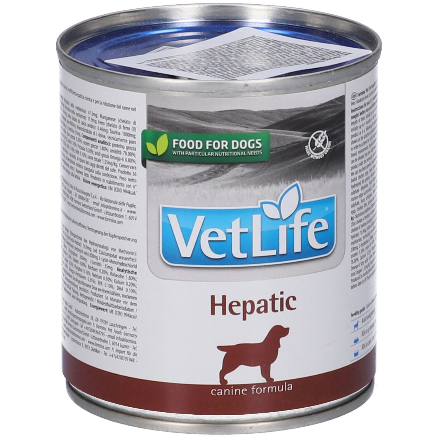 Hundefutterdose VetLife Hepatic. Dose mit Deckel, Etikett mit Logo, Produktname und Hunde-Silhouette. Aufschrift: Food for Dogs.