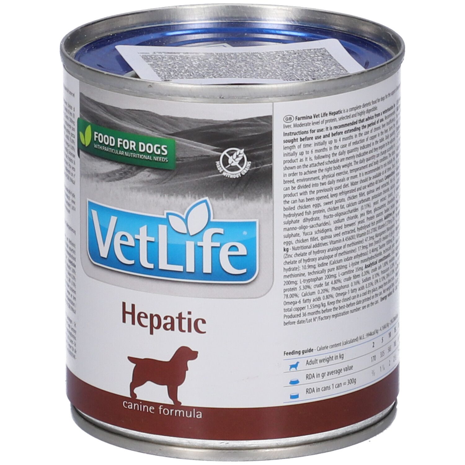 Hundefutterdose VetLife Hepatic. Dose mit Deckel, Etikett mit Logo, Produktname und Hunde-Silhouette. Aufschrift: Food for Dogs.