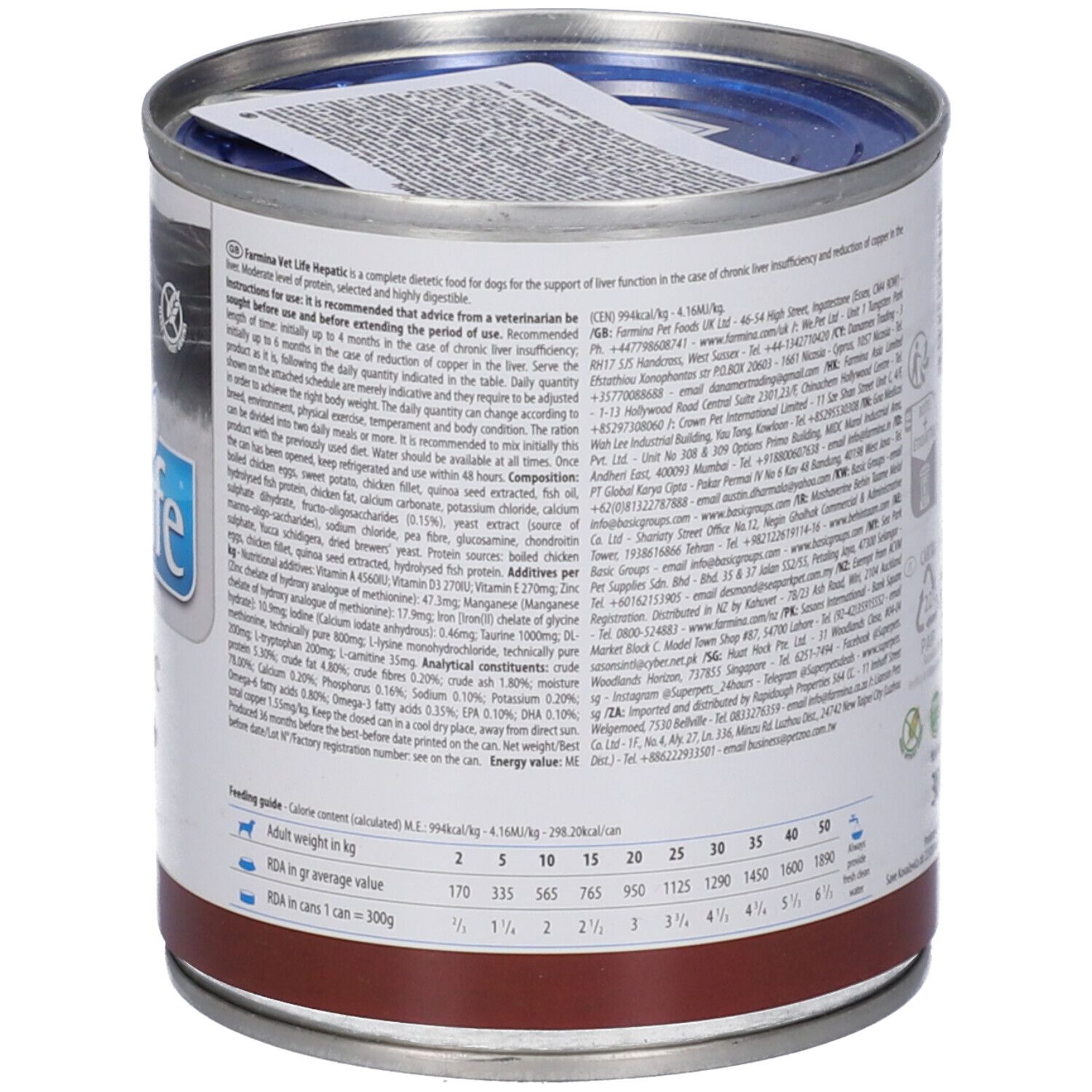 Hundefutterdose VetLife Hepatic. Dose mit Deckel, Etikett mit Text. Detailansicht der Inhaltsstoffe und Nährwertangaben. Brauner Streifen am unteren Rand.