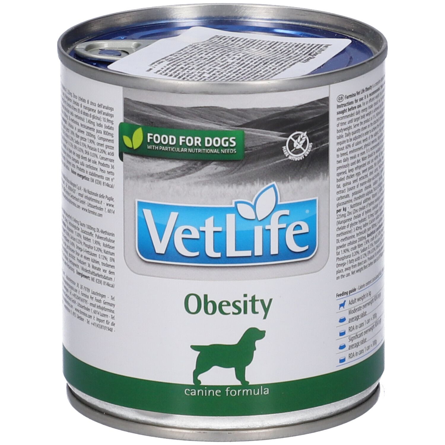 Metall-Dose mit Etikett. Aufschrift: VetLife Obesity, Food for Dogs. Grünes Band unten. Hundesilhouette.