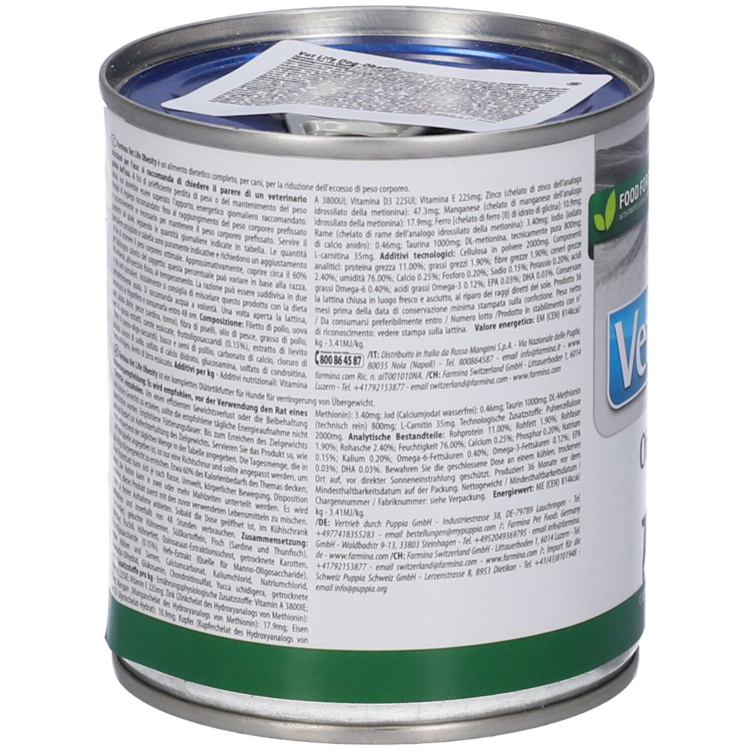 Rückseite der Dose. Text in mehreren Sprachen. Grünes Band unten. Metall-Dose mit Deckel.