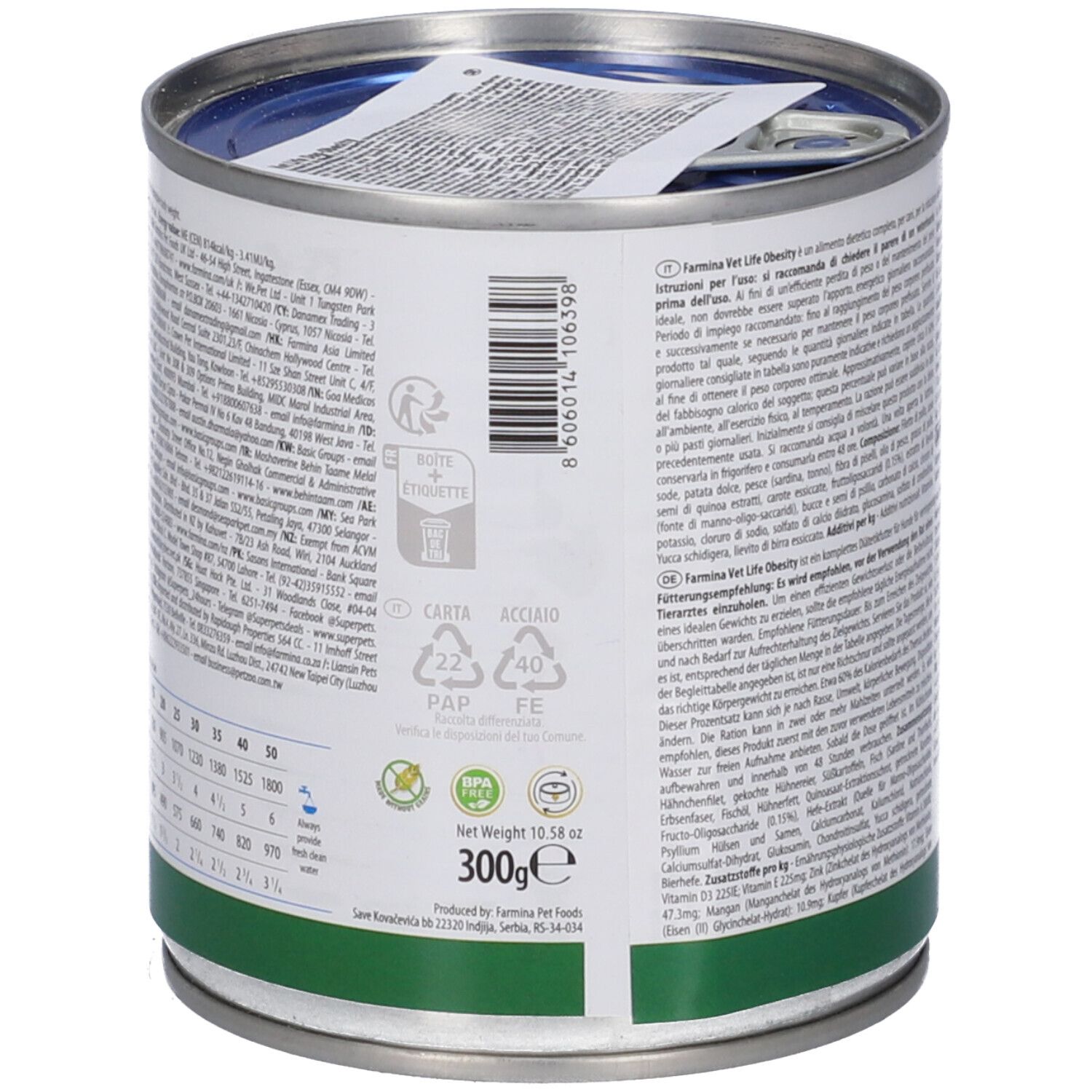 Rückseite der Dose. Text in mehreren Sprachen. Grünes Band unten. 300g. Recycling-Symbole.