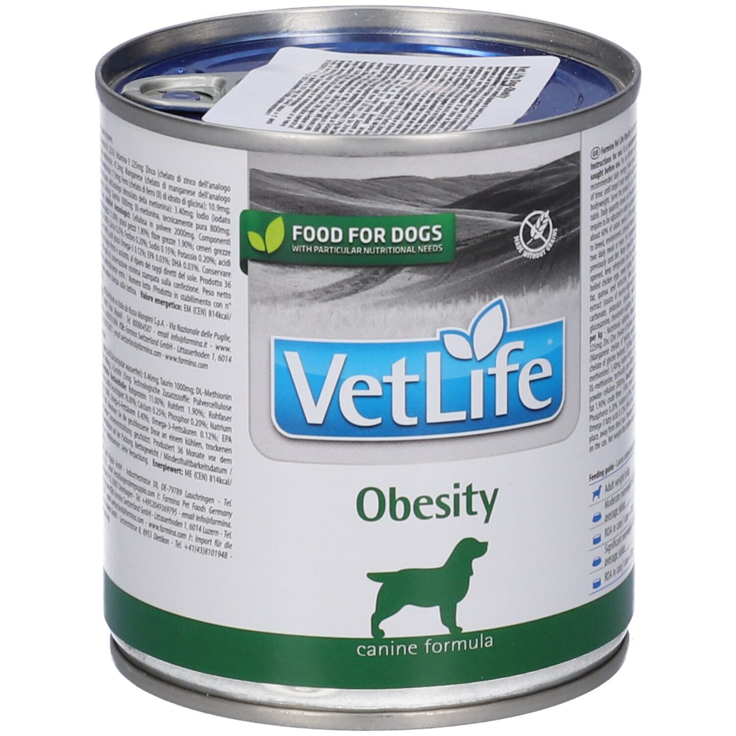 Metall-Dose mit Etikett. Aufschrift: VetLife Obesity, Food for Dogs. Grünes Band unten. Hundesilhouette.