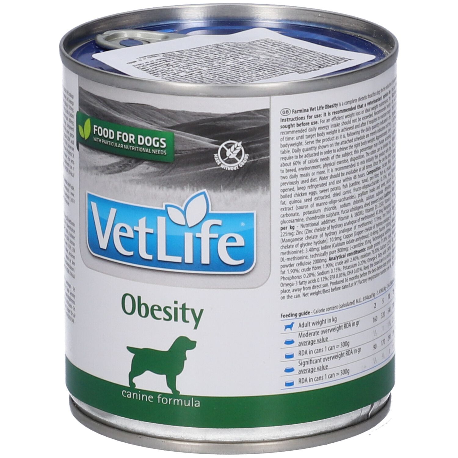 Metall-Dose mit Etikett. Aufschrift: VetLife Obesity, Food for Dogs. Grünes Band unten. Hundesilhouette.