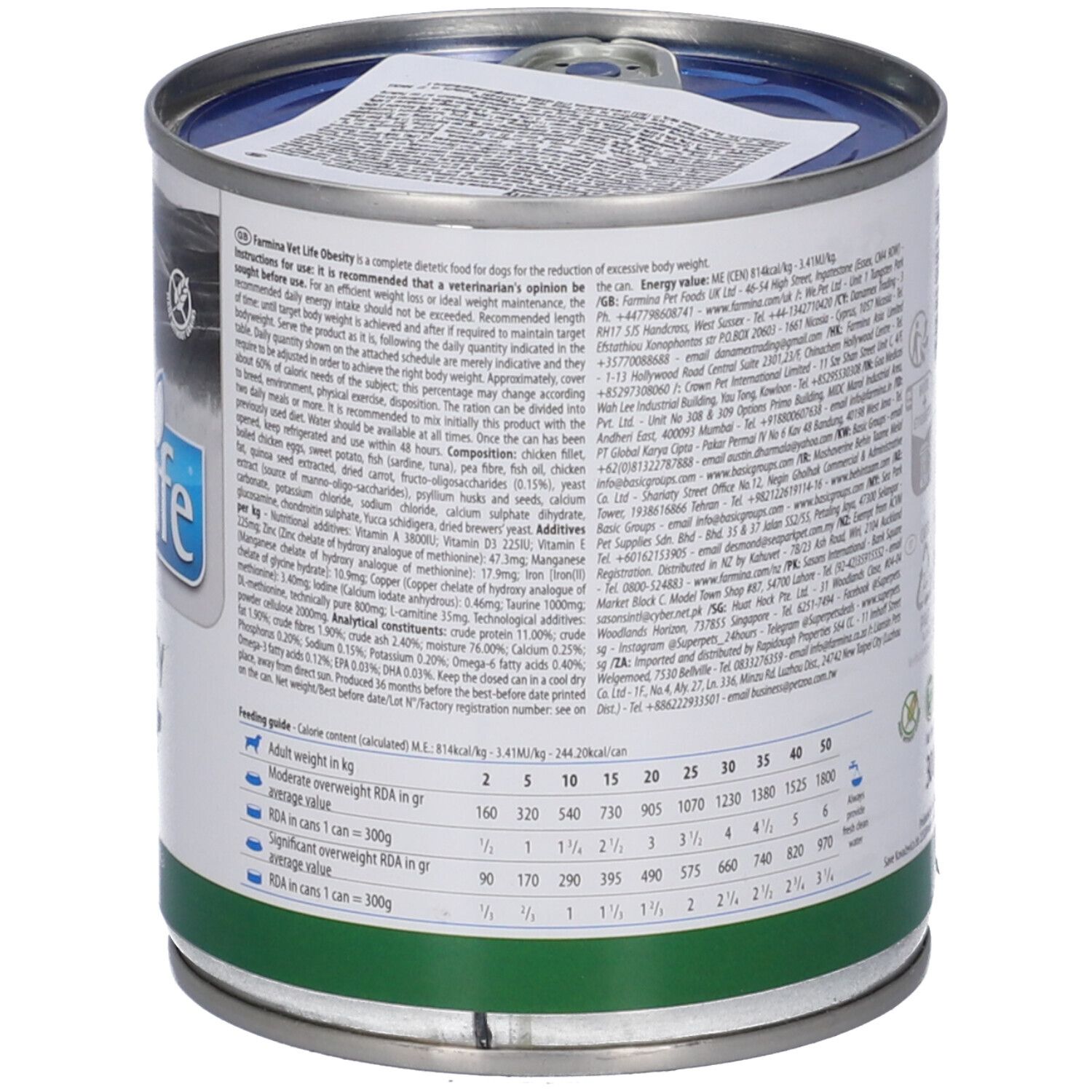 Rückseite der Dose. Text in mehreren Sprachen. Grünes Band unten. Fütterungsempfehlung. Metall-Dose.