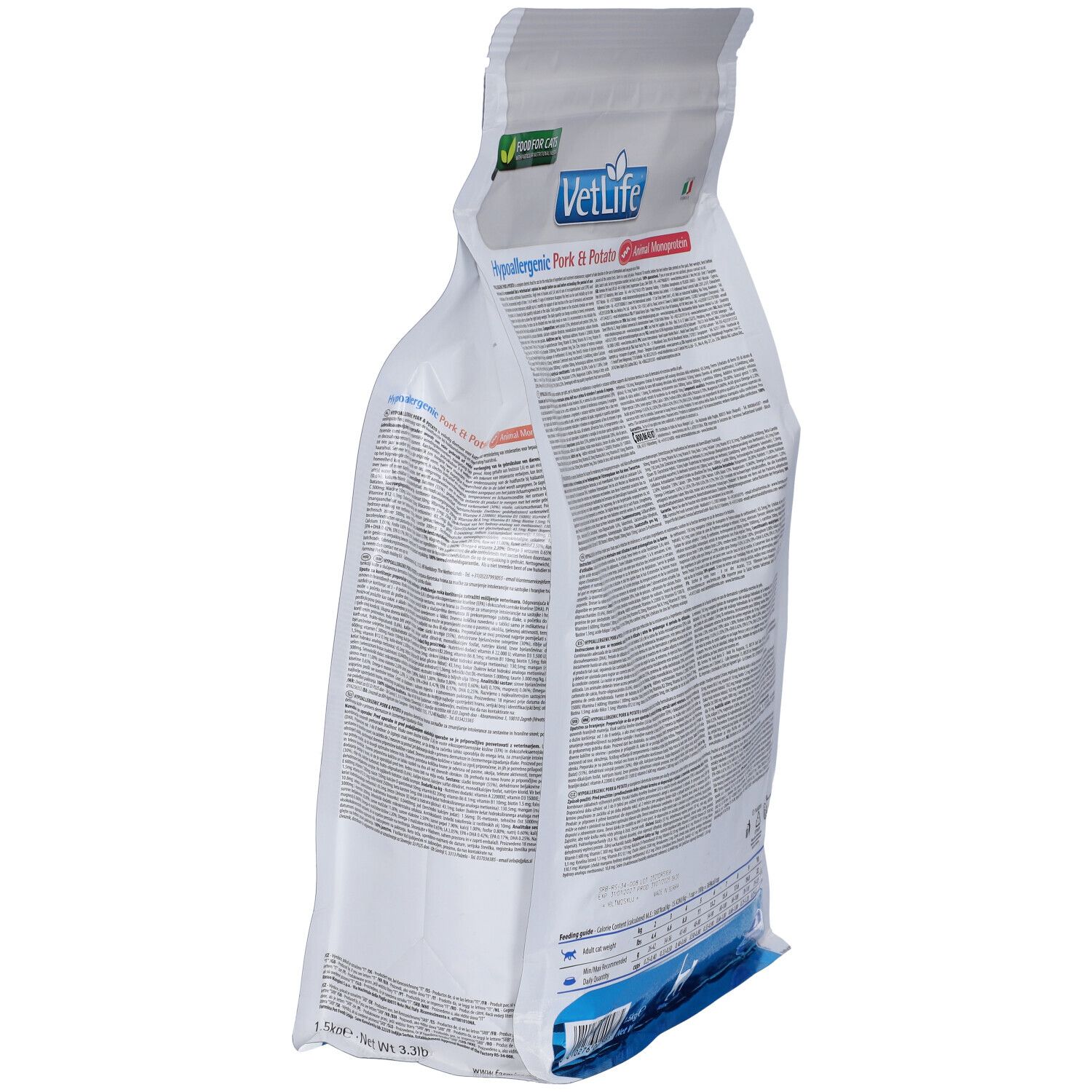 Katzenfutterbeutel, Seitenansicht. Aufschrift: Vet Life Hypoallergenic Pork & Potato. Enthält tierisches Monoprotein. Text und Logos.