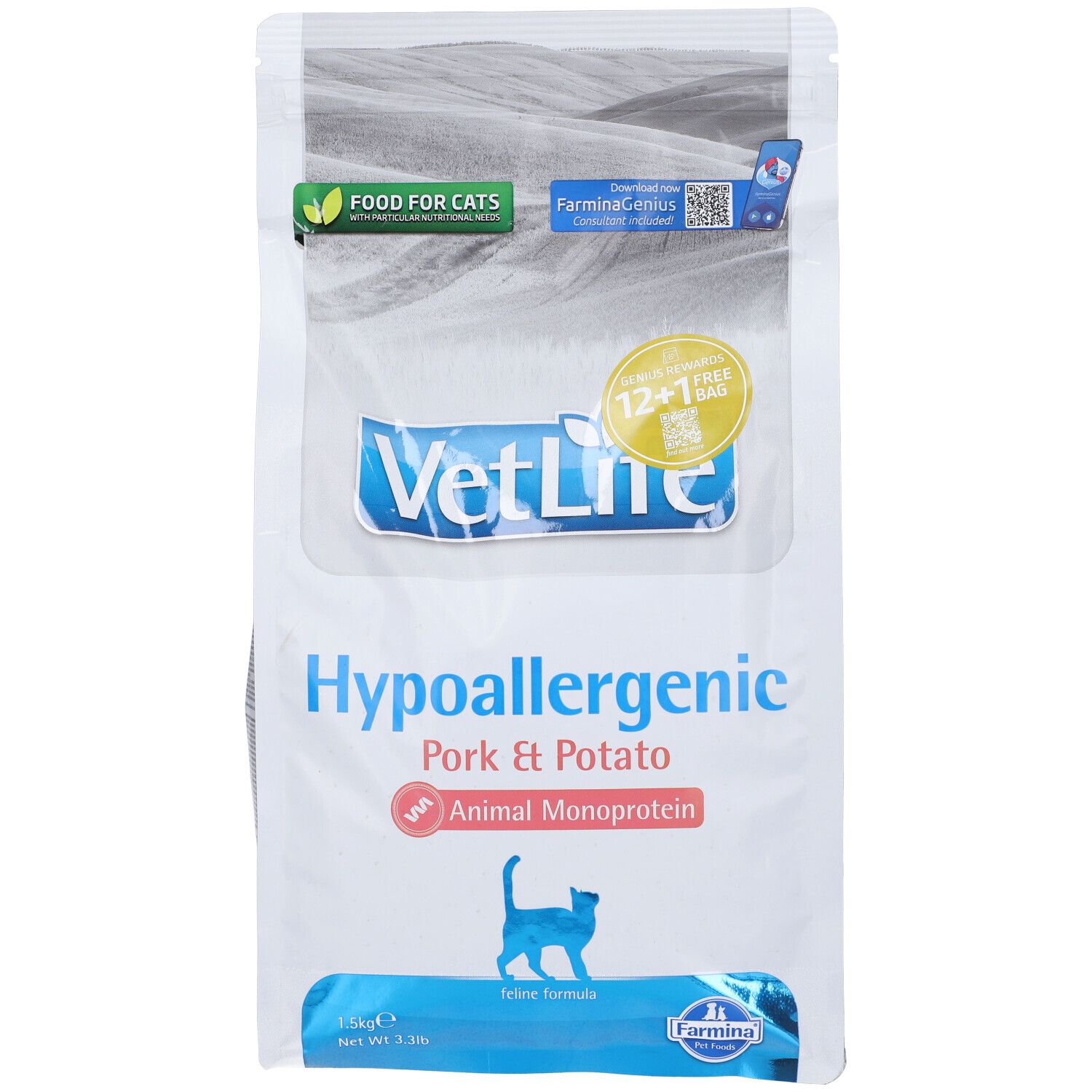 Beutel mit Katzenfutter. Aufschrift: Vet Life Hypoallergenic Pork & Potato. Enthält tierisches Monoprotein. 1,5 kg. Feline Formula.