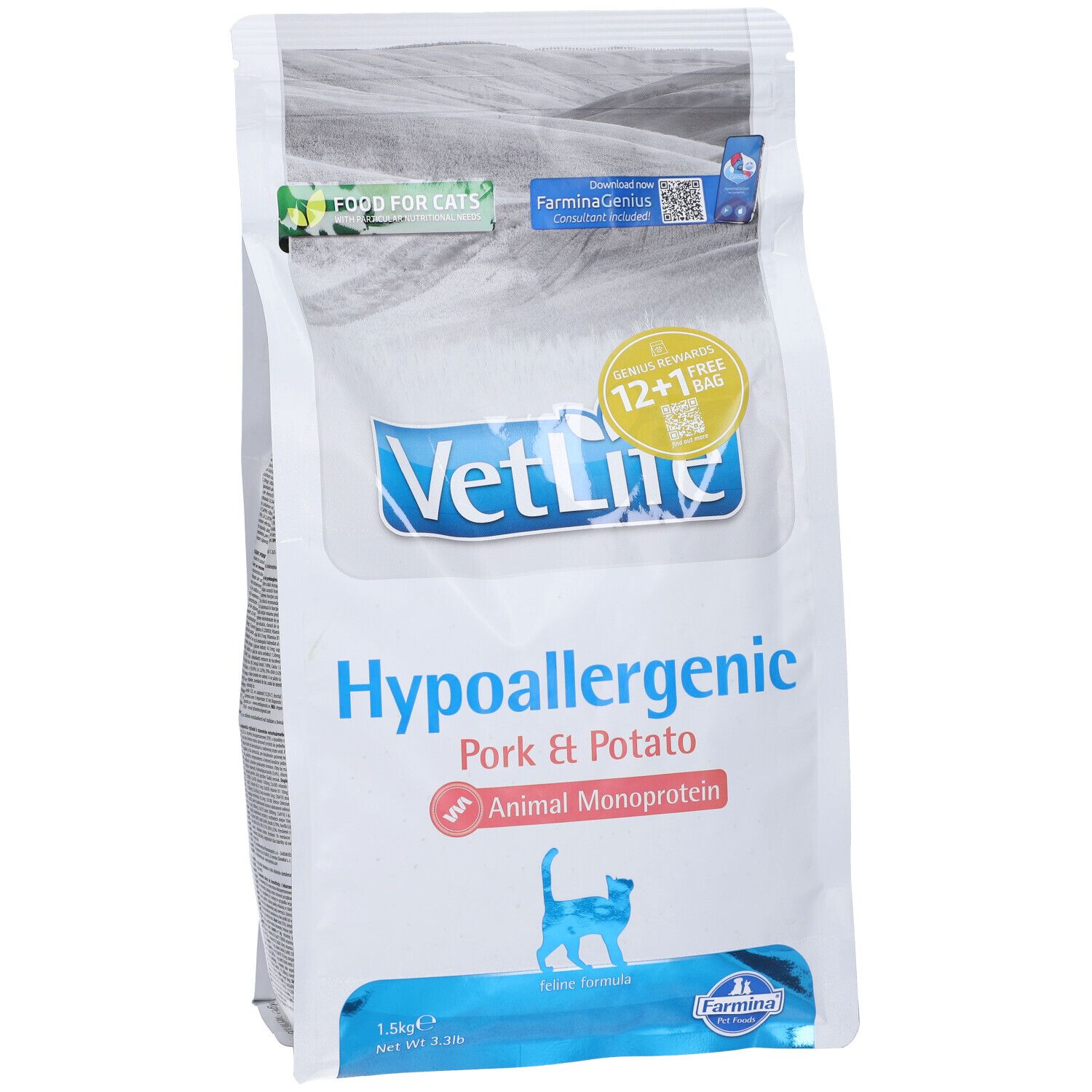 Beutel mit Katzenfutter. Aufschrift: Vet Life Hypoallergenic Pork & Potato. Enthält tierisches Monoprotein. 1,5 kg. Feline Formula.