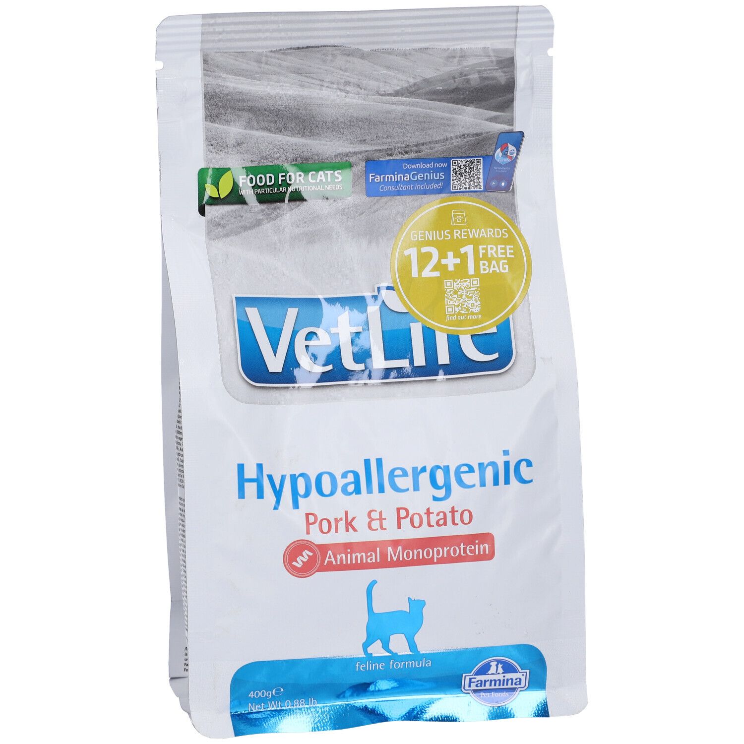 Beutel mit Trockenfutter für Katzen. Aufschrift: VetLife Hypoallergenic Pork & Potato. Mit Logos und Text.