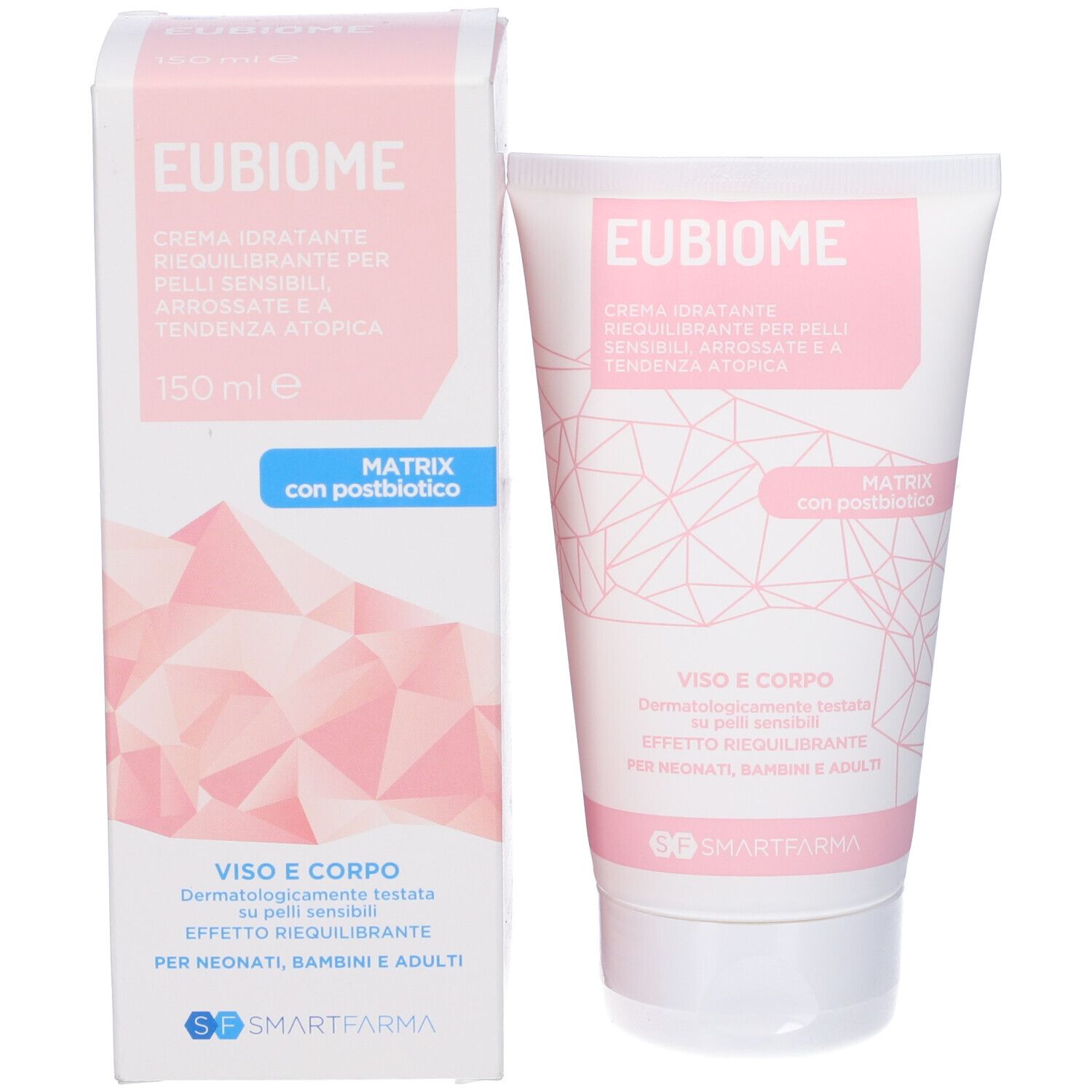 Produktverpackung: Schachtel und Tube. Schachtel mit rosa Design und Produktinformationen. Tube mit rosa Etikett. Marke: Eubiome, Smartfarma.