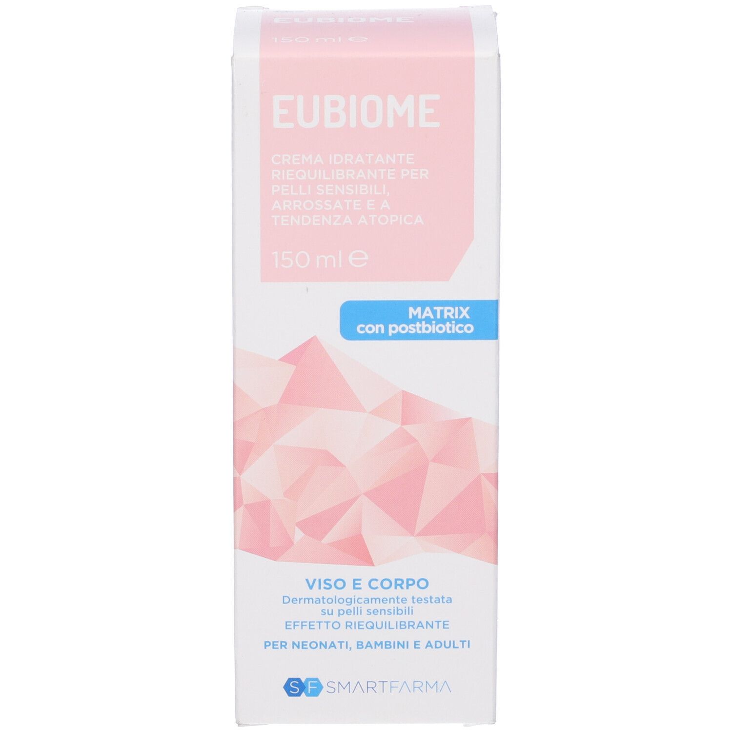 Produktverpackung: Schachtel. Rosa Design mit Produktinformationen. Text: Eubiome, Creme, Matrix mit Postbiotika. Marke: Smartfarma.