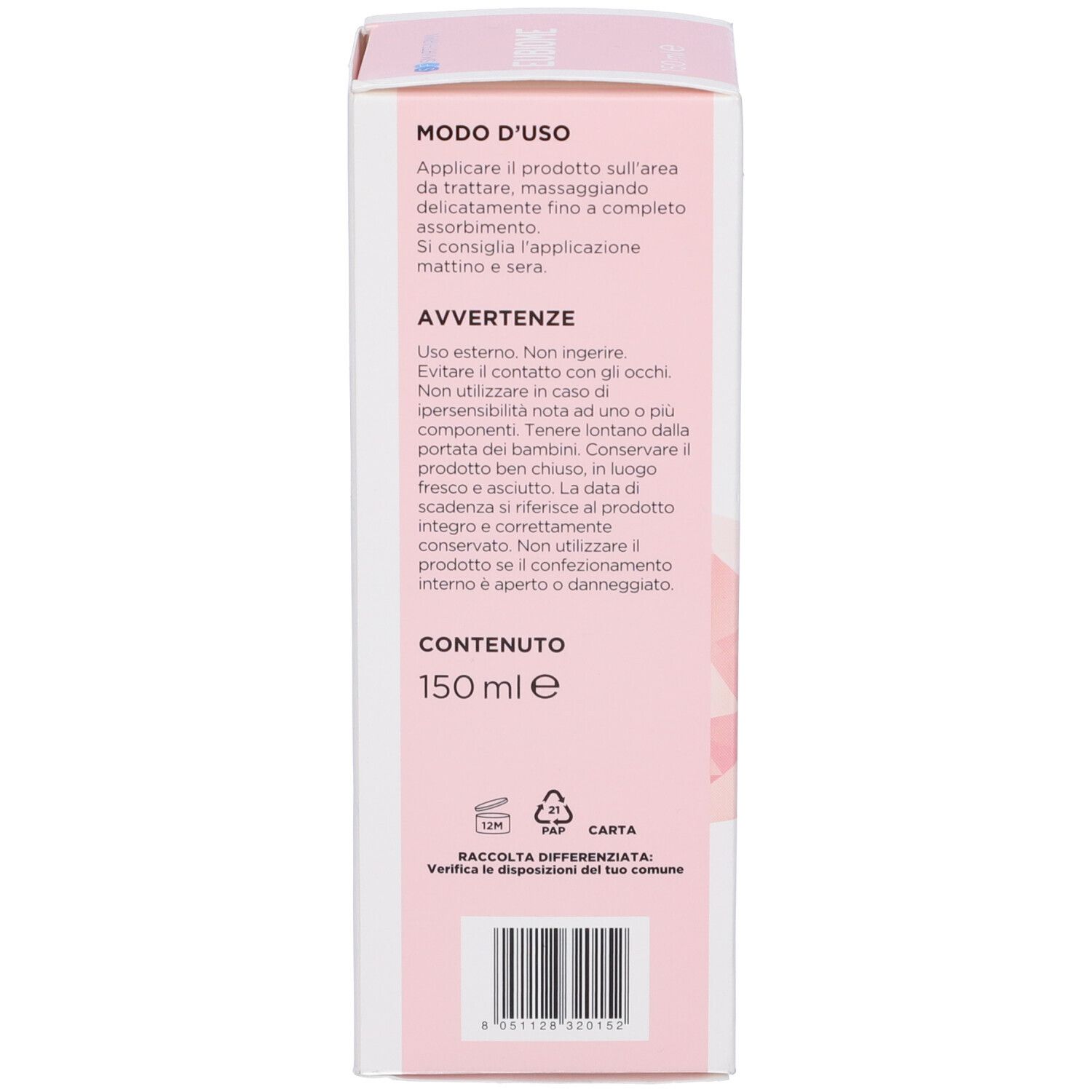 Rückseite der Produktverpackung. Rosa Hintergrund mit Text. Informationen zur Anwendung und Warnhinweise. Marke: Smartfarma.