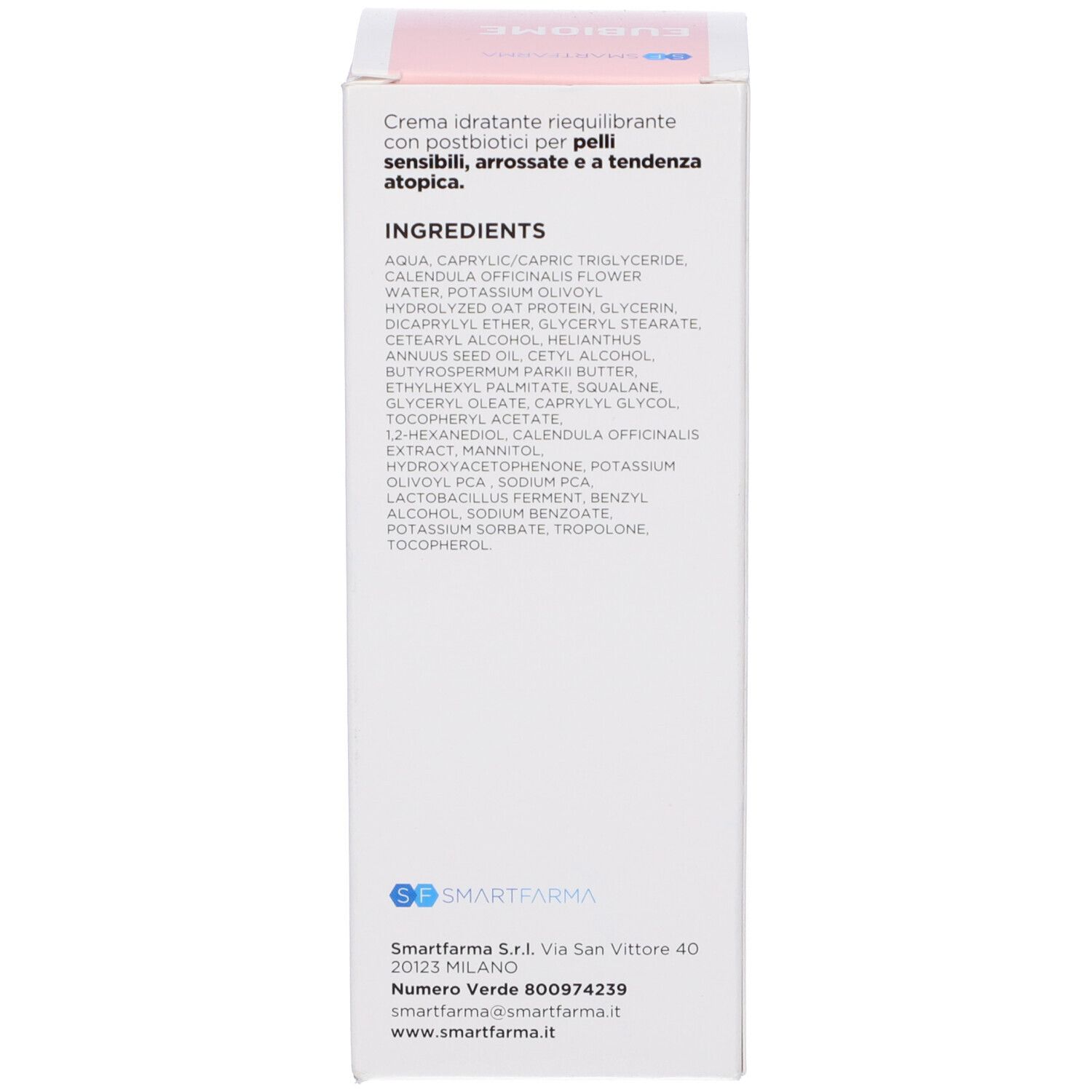 Produktverpackung mit Inhaltsstoffen und Kontaktinformationen. Text: Eubiome, Inhaltsstoffe, Smartfarma. Rosa Hintergrund.