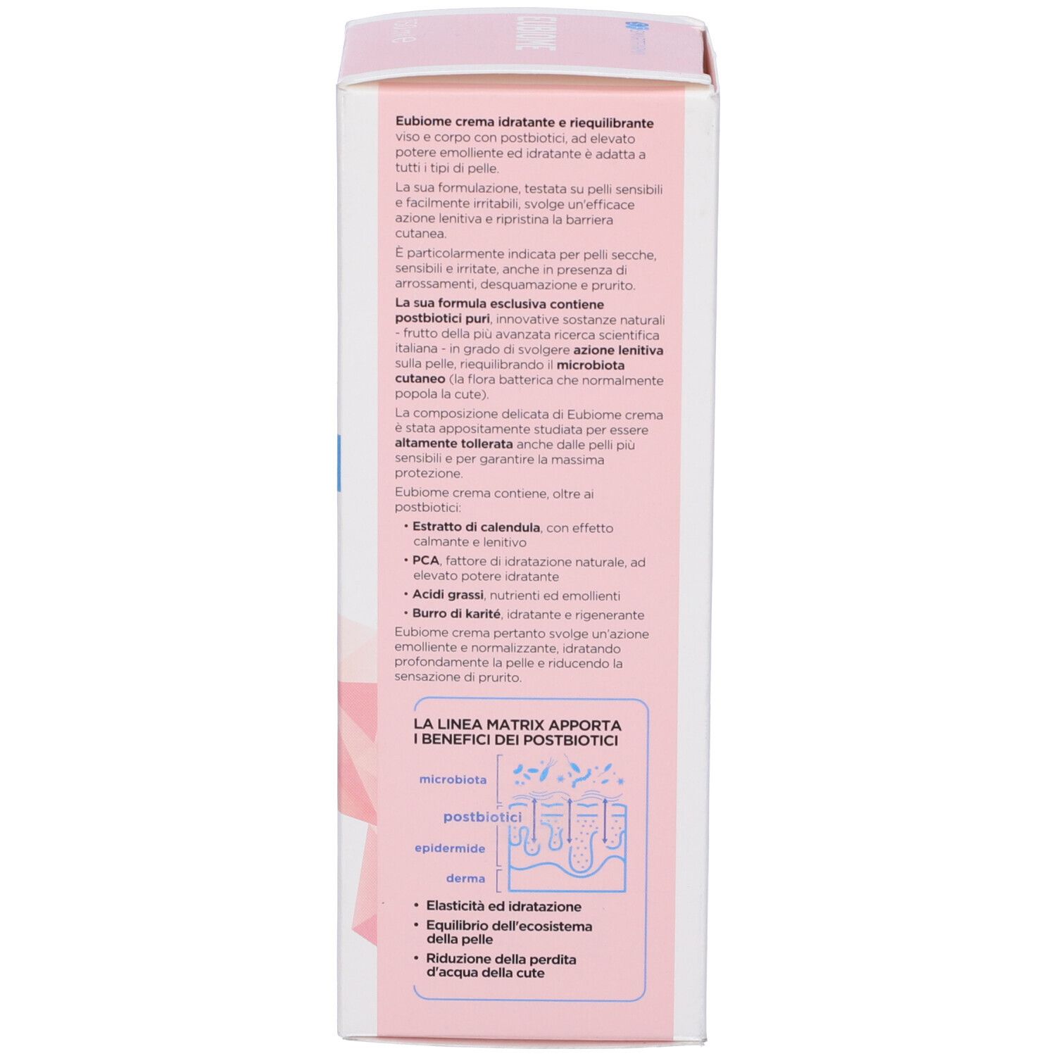 Produktverpackung mit Produktinformationen. Text: Eubiome, Creme, Vorteile von Postbiotika. Rosa Hintergrund.
