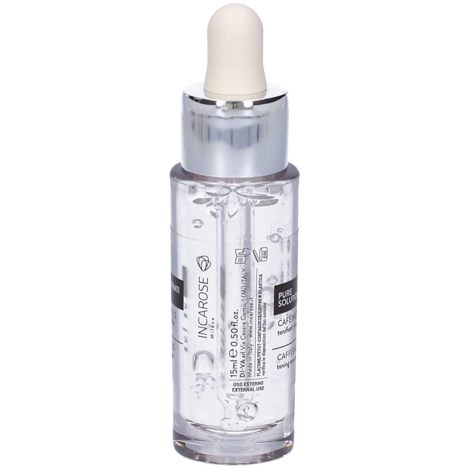 Klarflüssiges Produkt mit Pipette. Aufschrift: Incarose, 15ml, Caffeina 2%.
