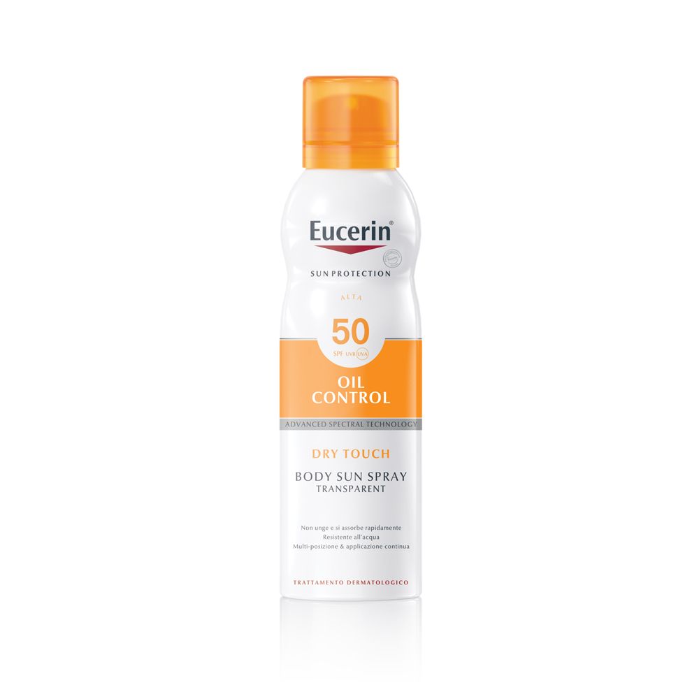 Eucerin Sun Protection 50 Oil Control Dry Touch Body Sun Spray. Flacone bianco, tappo arancione.