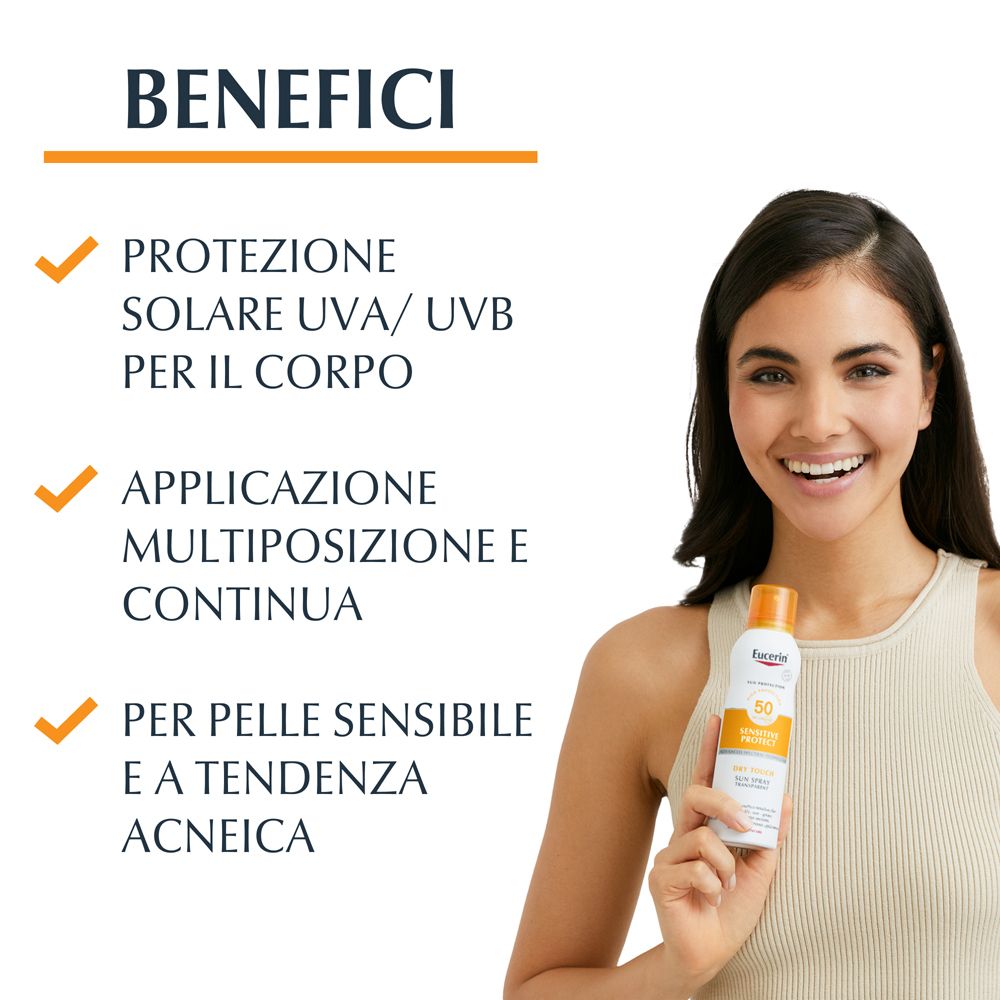 Donna con Eucerin Sun Spray. Testo: Protezione UVA/UVB, applicazione multipla, per pelli sensibili.