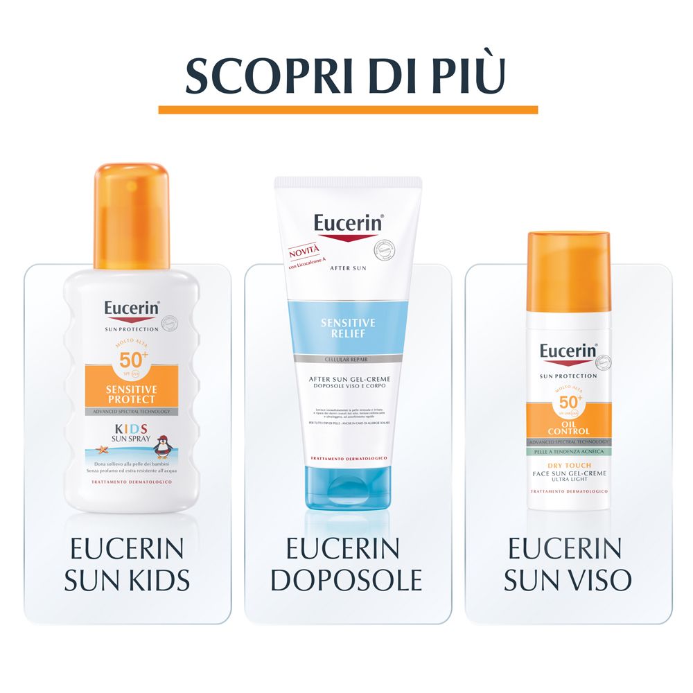 Tre prodotti Eucerin: Sun Kids, Doposole, Sun Viso. Tutti con elementi arancioni.