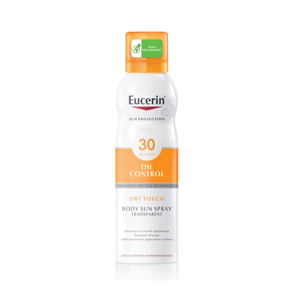 Eucerin Sun Spray Tocco Secco Spf30. Flacone bianco, tappo arancione. Protezione solare SPF 30.