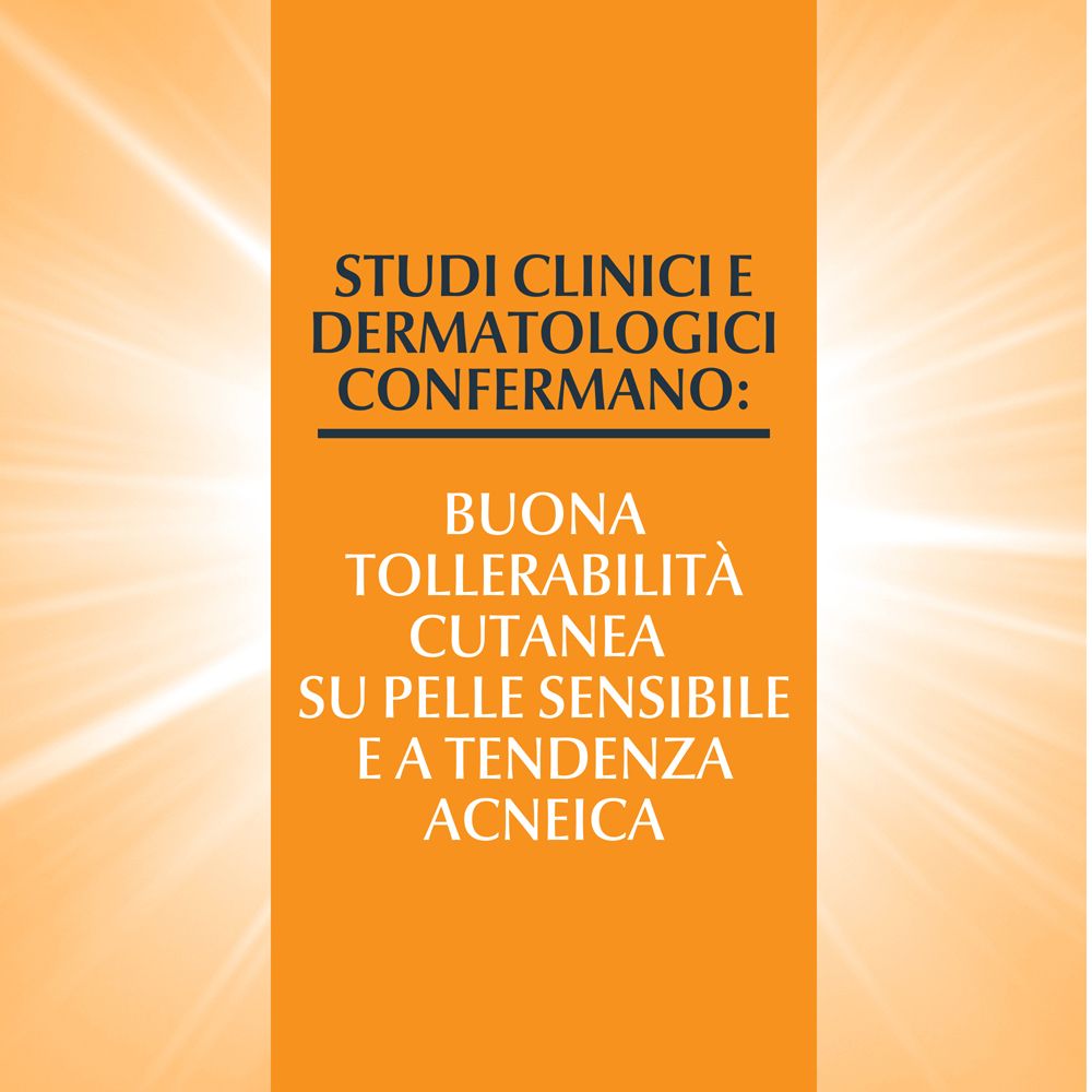 Testo su sfondo arancione. Buona tollerabilità cutanea su pelli sensibili e a tendenza acneica.