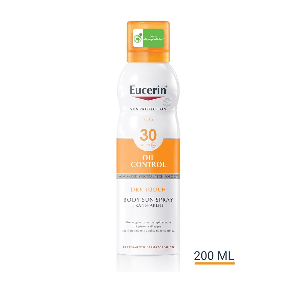 Eucerin Sun Spray Tocco Secco Spf30. Flacone bianco, tappo arancione. 200 ml.